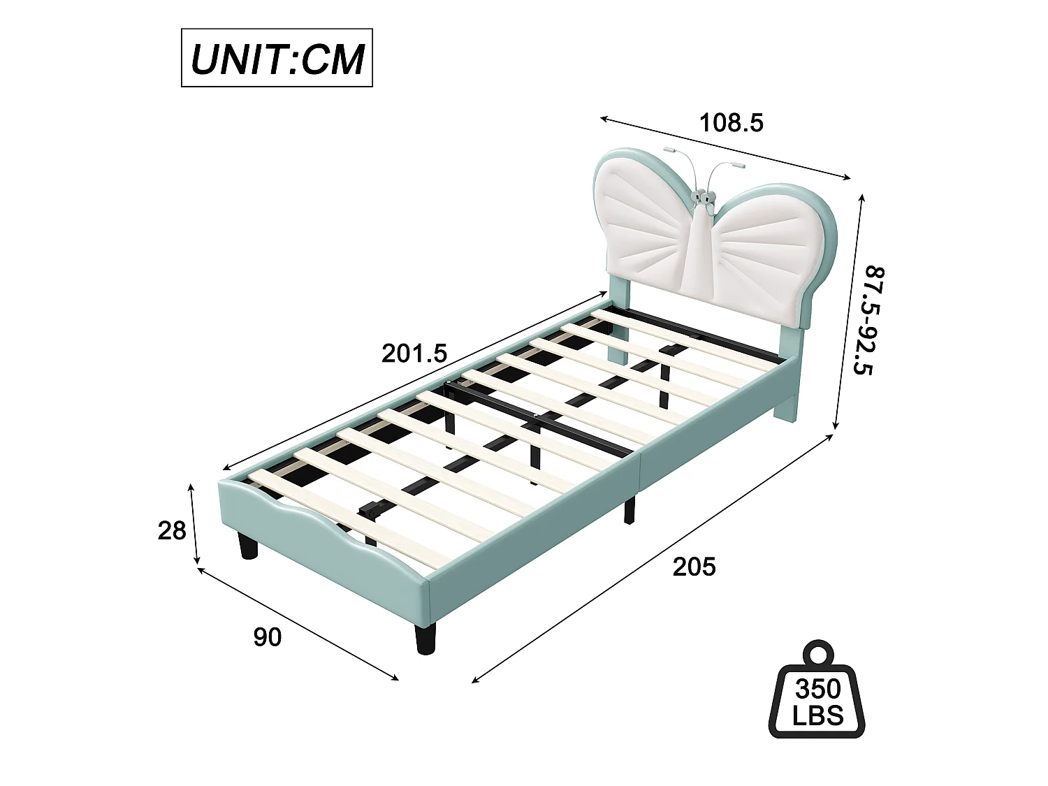 Lit enfant 90x200cm, tête de lit en forme de papillon,Lit pour ado, avec éclairage LED, velours, sans matelas, bleu