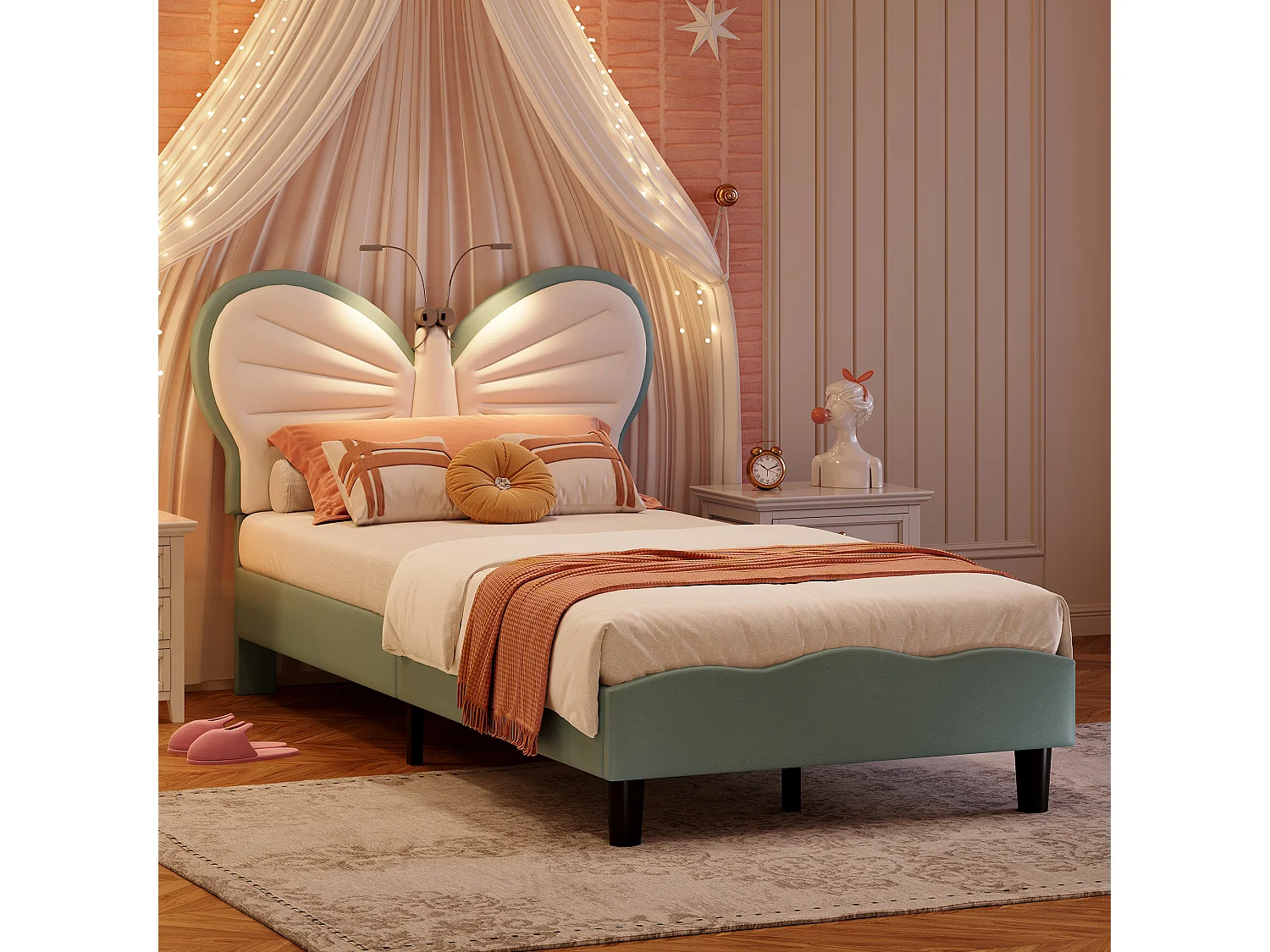 Lit enfant 90x200cm, tête de lit en forme de papillon,Lit pour ado, avec éclairage LED, velours, sans matelas, bleu