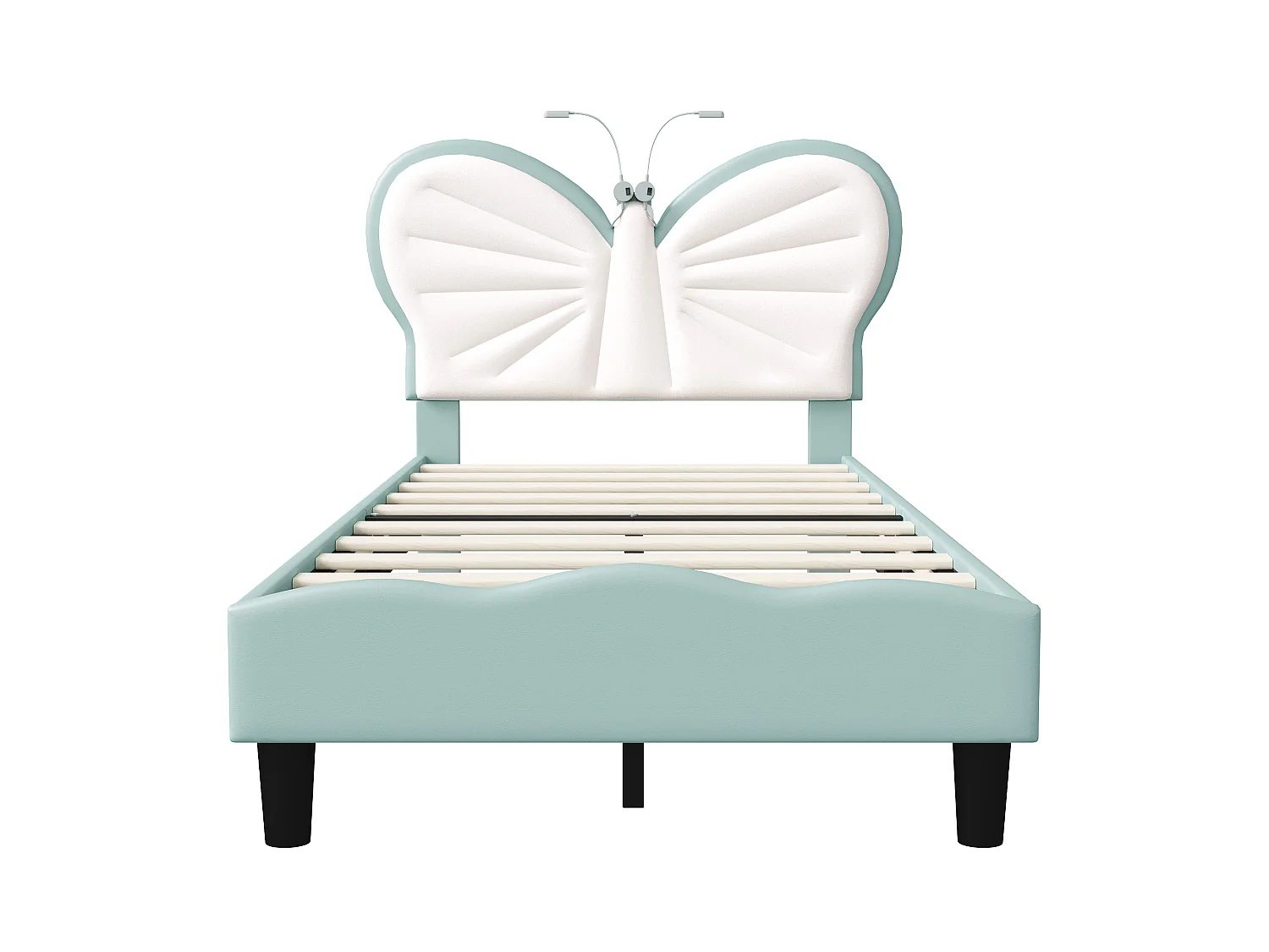 Lit enfant 90x200cm, tête de lit en forme de papillon,Lit pour ado, avec éclairage LED, velours, sans matelas, bleu