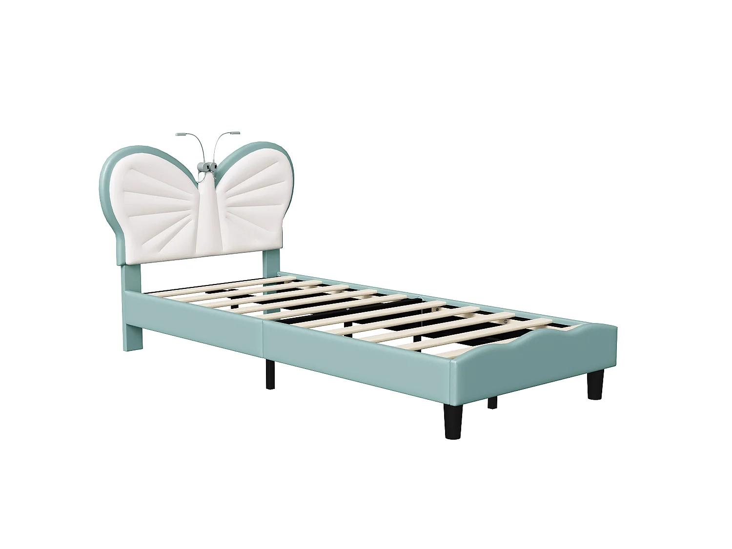 Lit enfant 90x200cm, tête de lit en forme de papillon,Lit pour ado, avec éclairage LED, velours, sans matelas, bleu