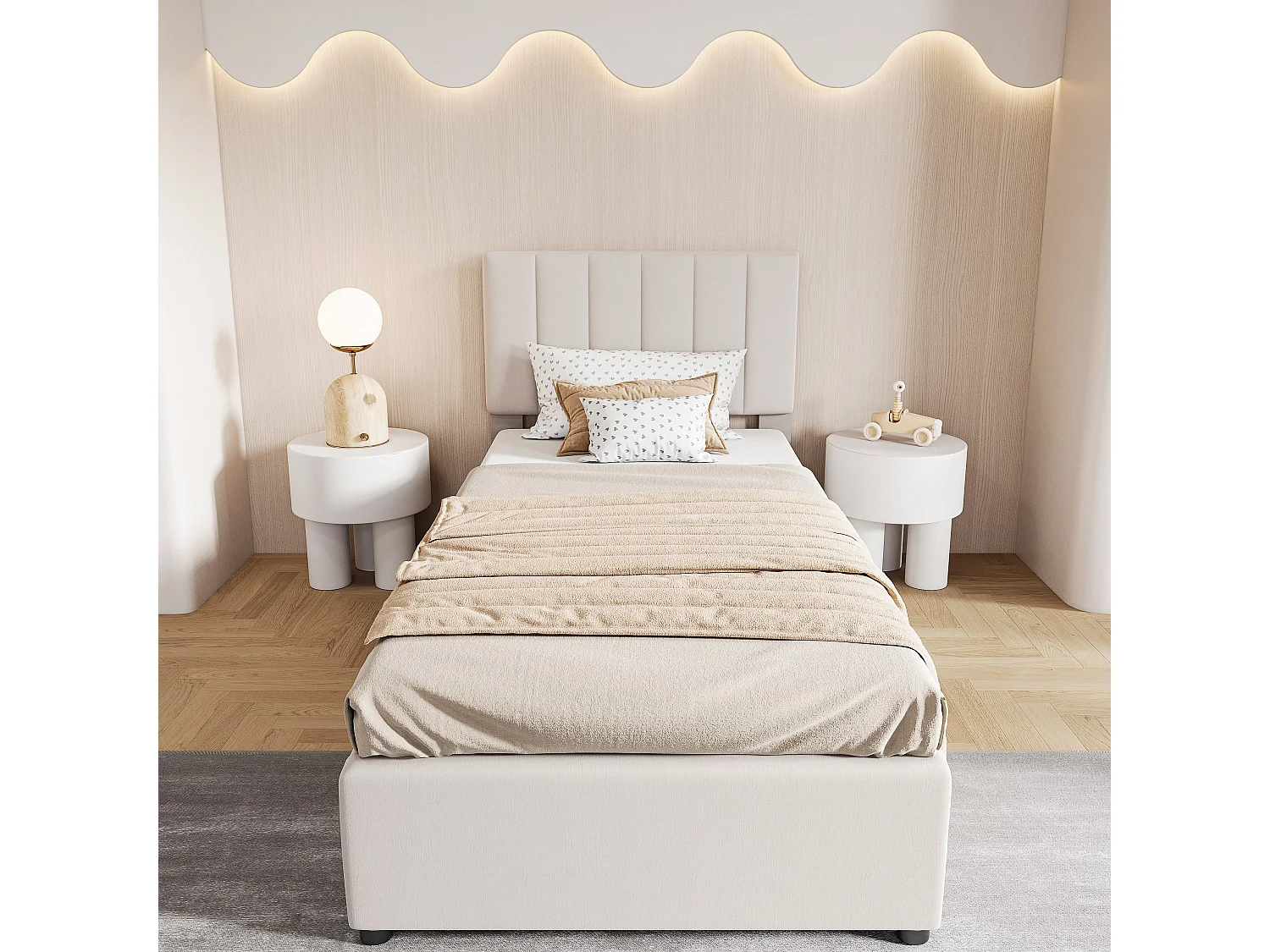 Lit enfant 90x200 cm lit rembourré, rangement, cadre de lit, tête de lit réglable, espace de rangement hydraulique, lin, beige, sans matelas