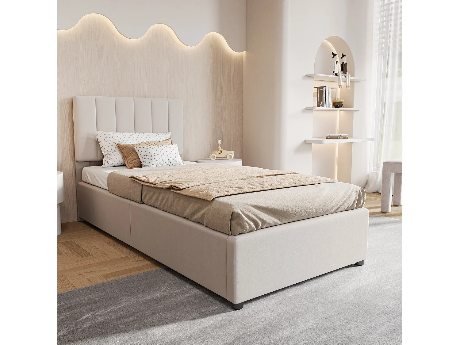 Lit enfant 90x200 cm lit rembourré, rangement, cadre de lit, tête de lit réglable, espace de rangement hydraulique, lin, beige, sans matelas