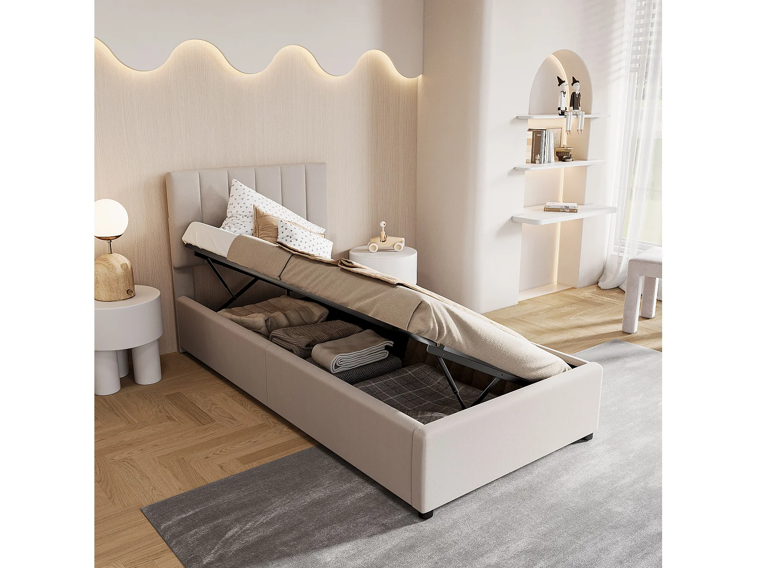 Lit enfant 90x200 cm lit rembourré, rangement, cadre de lit, tête de lit réglable, espace de rangement hydraulique, lin, beige, sans matelas