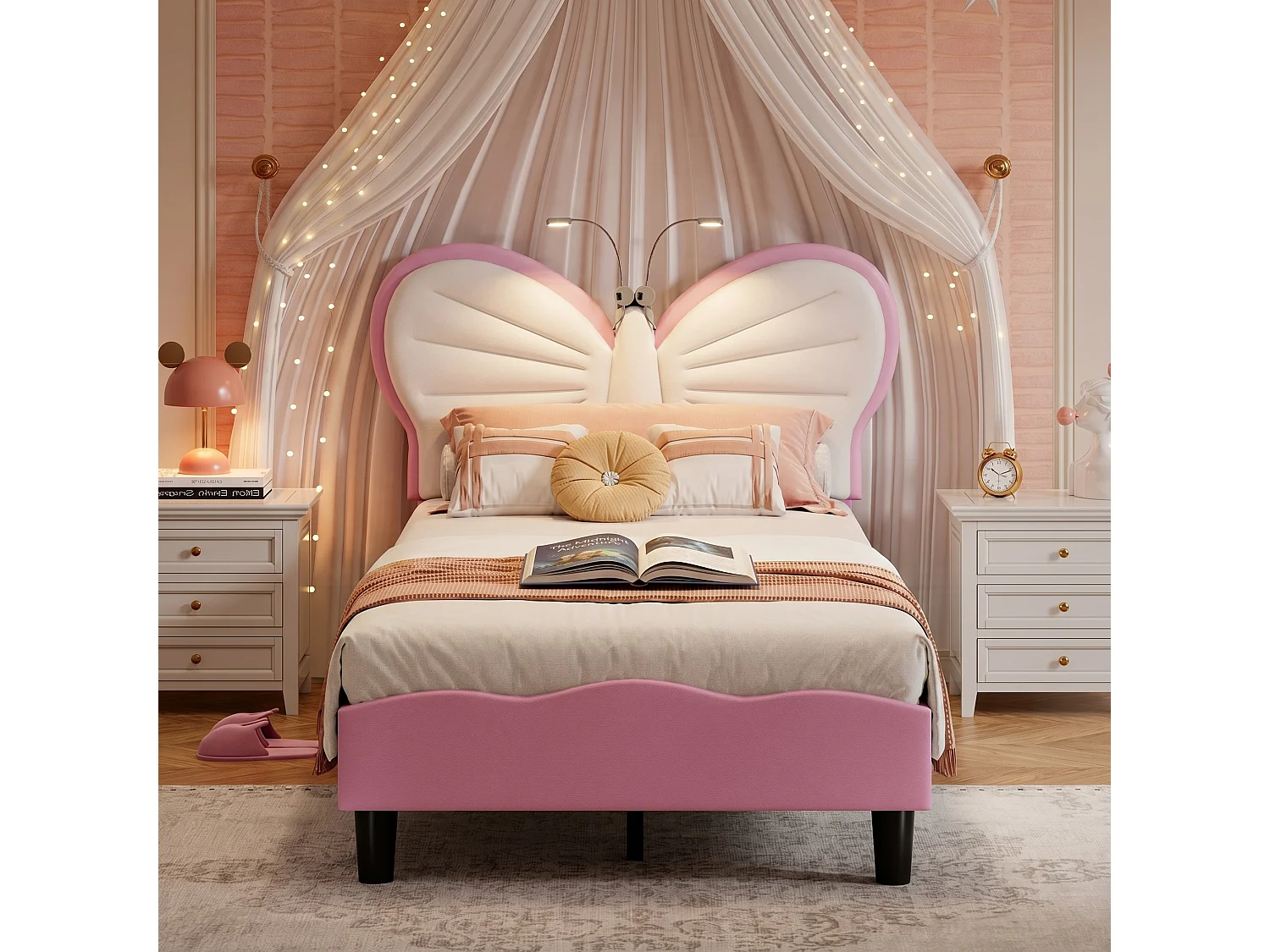Lit enfant 90x190cm, tête de lit en forme de papillon, Lit pour ado, avec éclairage LED, velours, sans matelas, rose