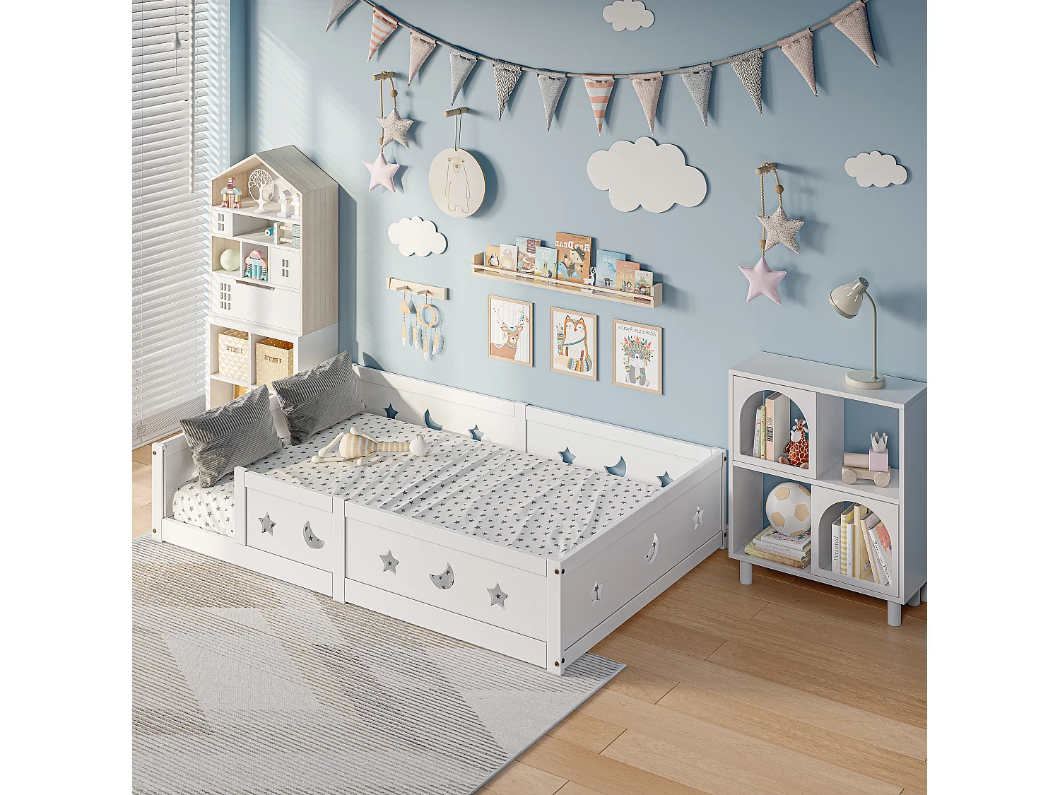 Lit enfant 140x200 cm Montessori au sol avec barrière de sécurité en bois massif de pin blanc, blanc, sans matelas