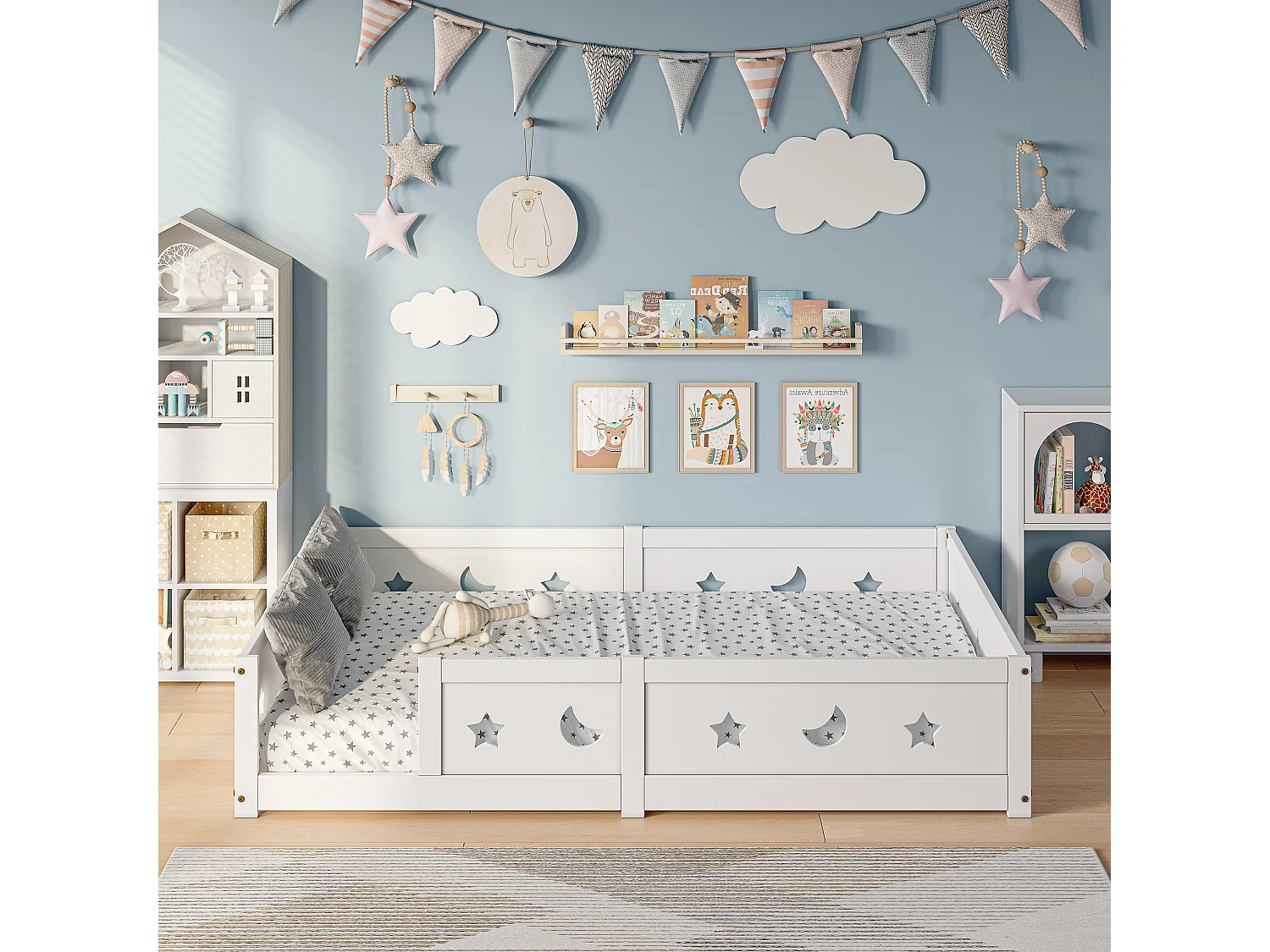 Lit enfant 140x200 cm Montessori au sol avec barrière de sécurité en bois massif de pin blanc, blanc, sans matelas