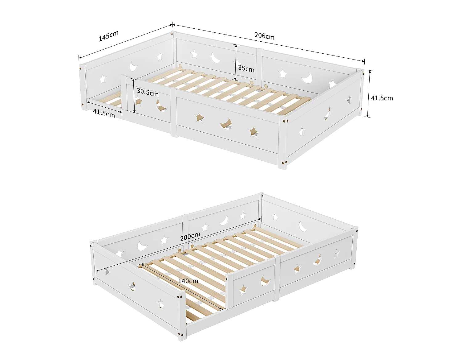 Lit enfant 140x200 cm Montessori au sol avec barrière de sécurité en bois massif de pin blanc, blanc, sans matelas