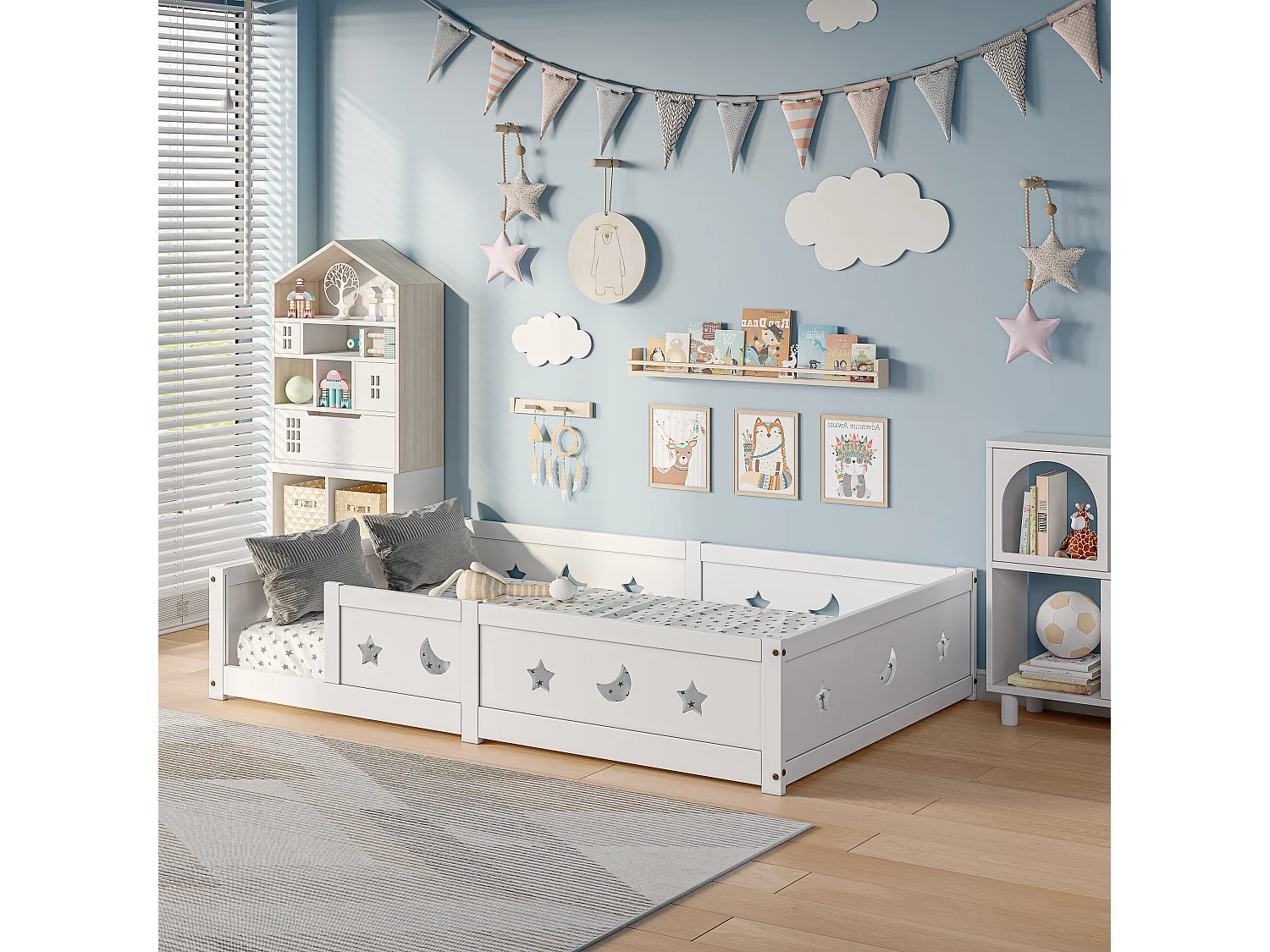 Lit enfant 140x200 cm Montessori au sol avec barrière de sécurité en bois massif de pin blanc, blanc, sans matelas