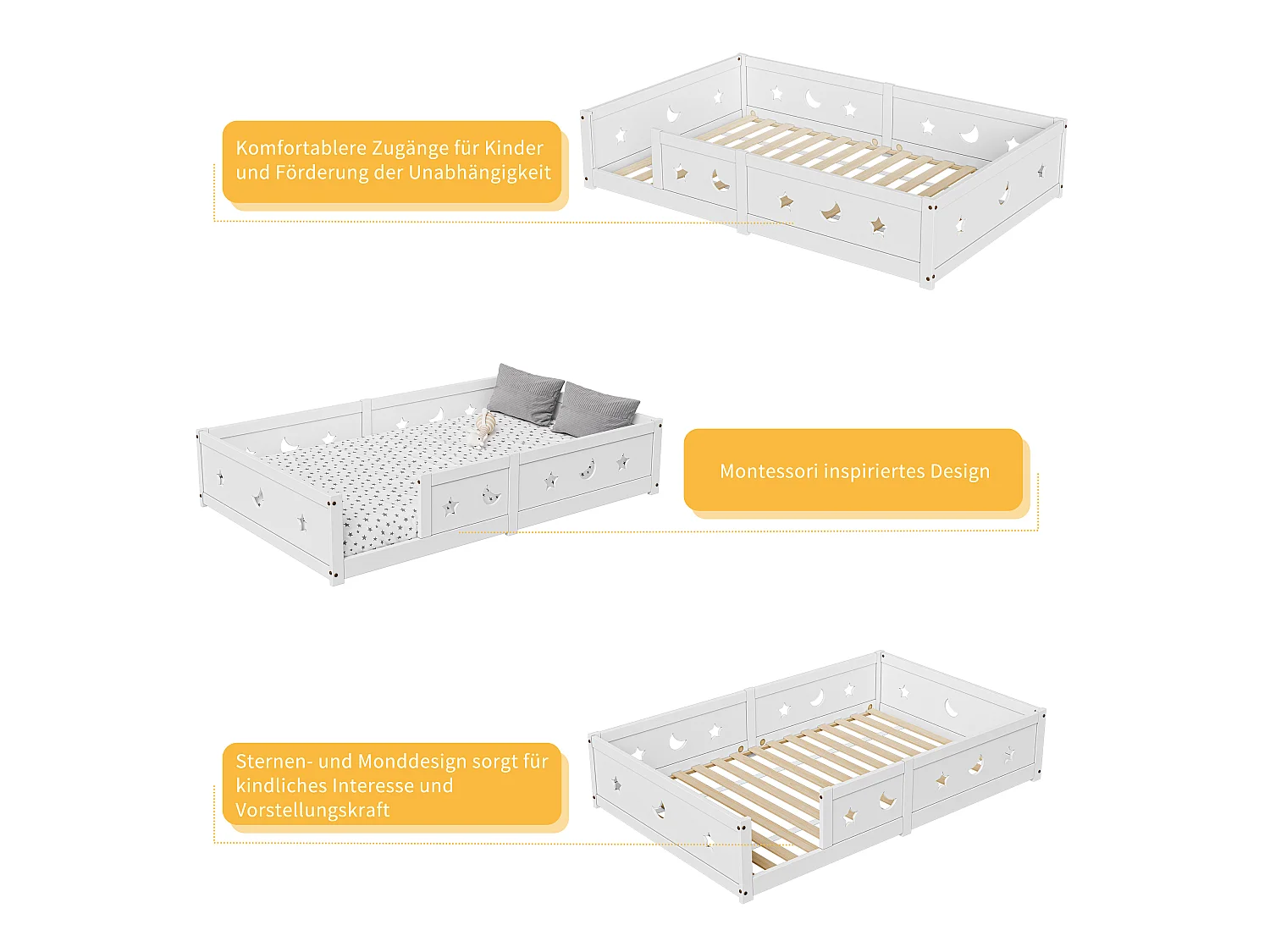 Lit enfant 140x200 cm Montessori au sol avec barrière de sécurité en bois massif de pin blanc, blanc, sans matelas