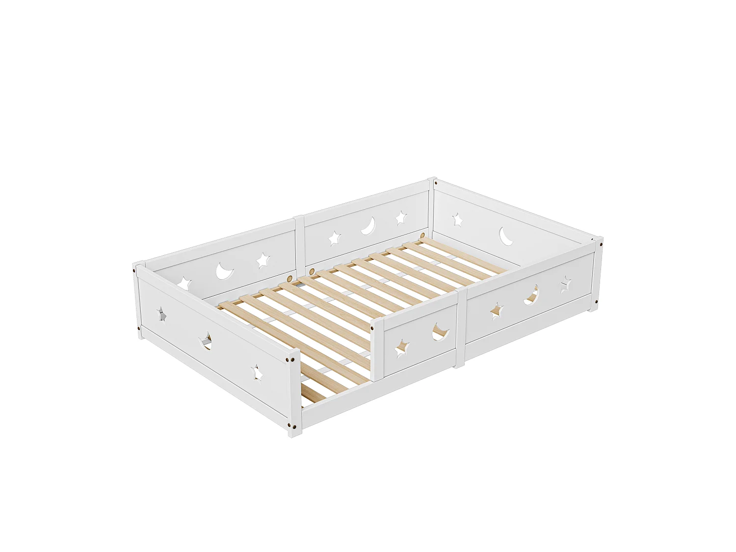 Lit enfant 140x200 cm Montessori au sol avec barrière de sécurité en bois massif de pin blanc, blanc, sans matelas