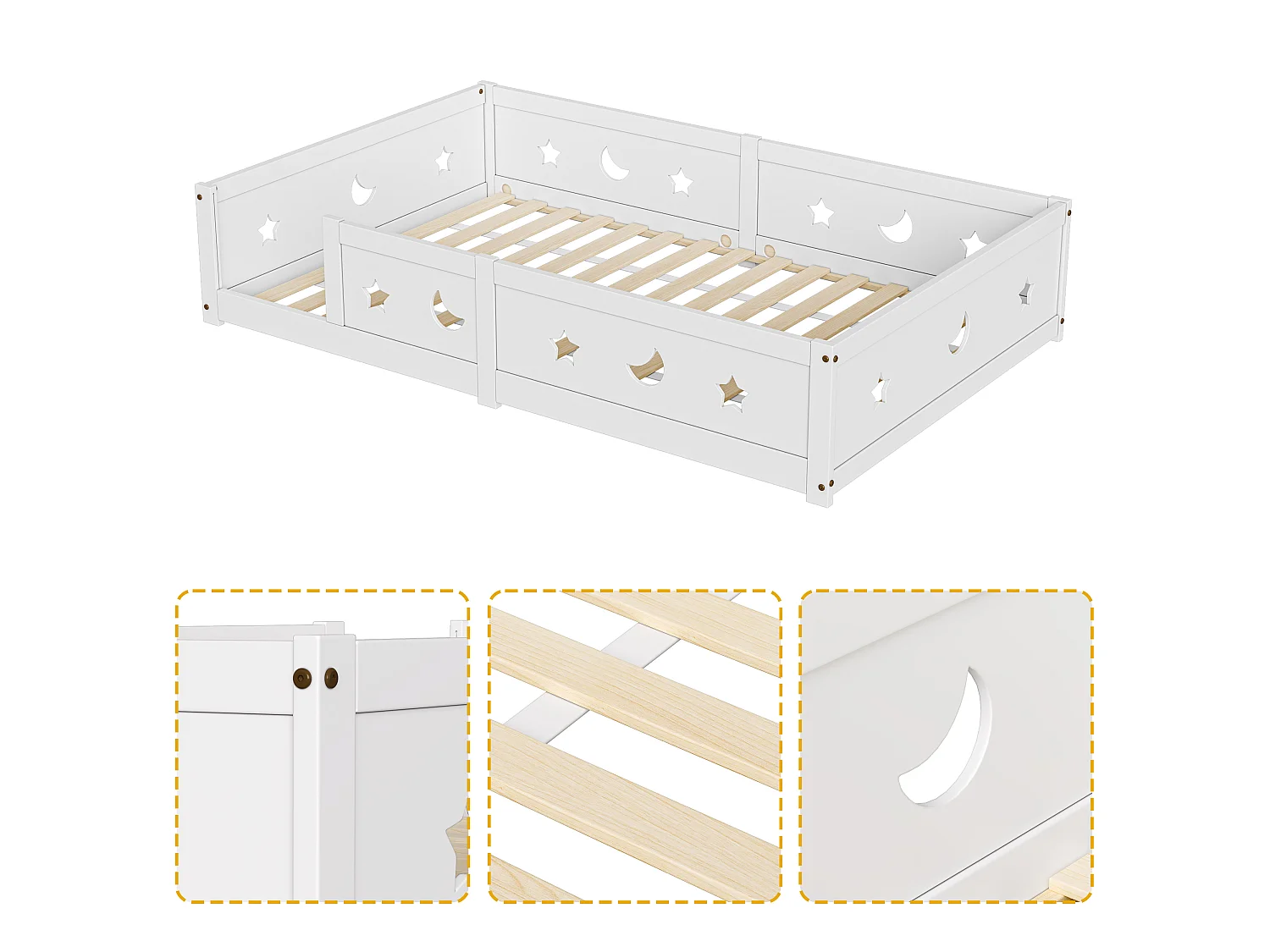 Lit enfant 140x200 cm Montessori au sol avec barrière de sécurité en bois massif de pin blanc, blanc, sans matelas