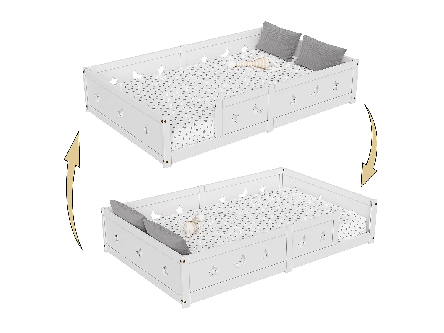 Lit enfant 140x200 cm Montessori au sol avec barrière de sécurité en bois massif de pin blanc, blanc, sans matelas