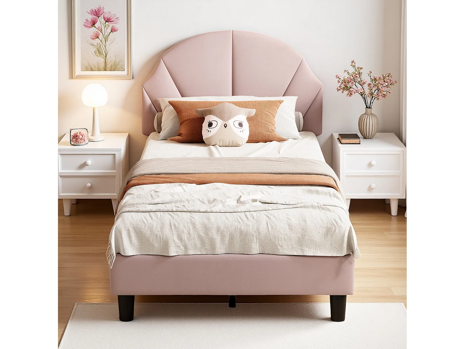 Lit enfant rembourré 90x190 cm, lit enfant en flanelle avec tête de lit réglable, sommier à lattes, lit plateforme, rose, sans matelas