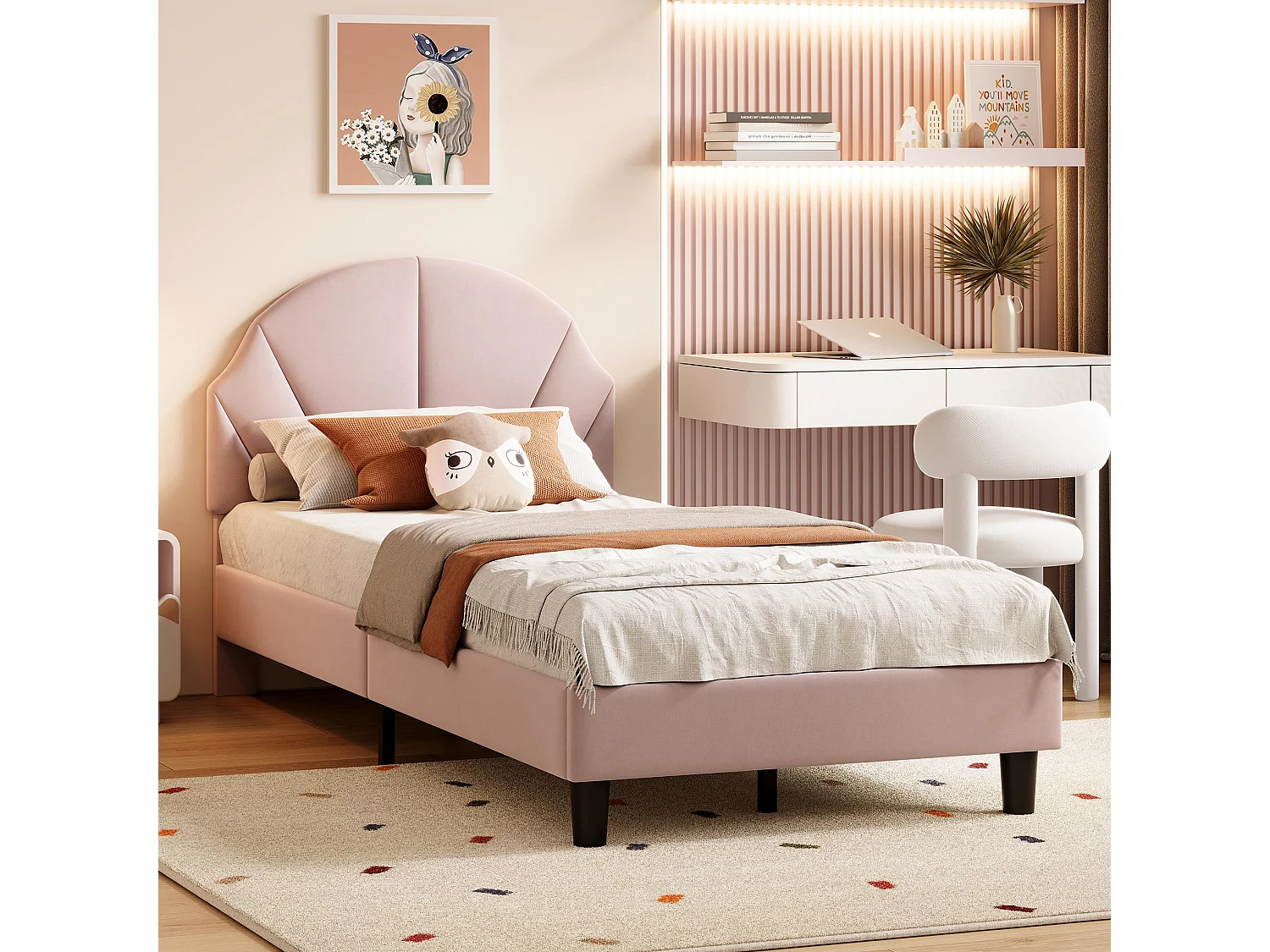 Lit enfant rembourré 90x190 cm, lit enfant en flanelle avec tête de lit réglable, sommier à lattes, lit plateforme, rose, sans matelas