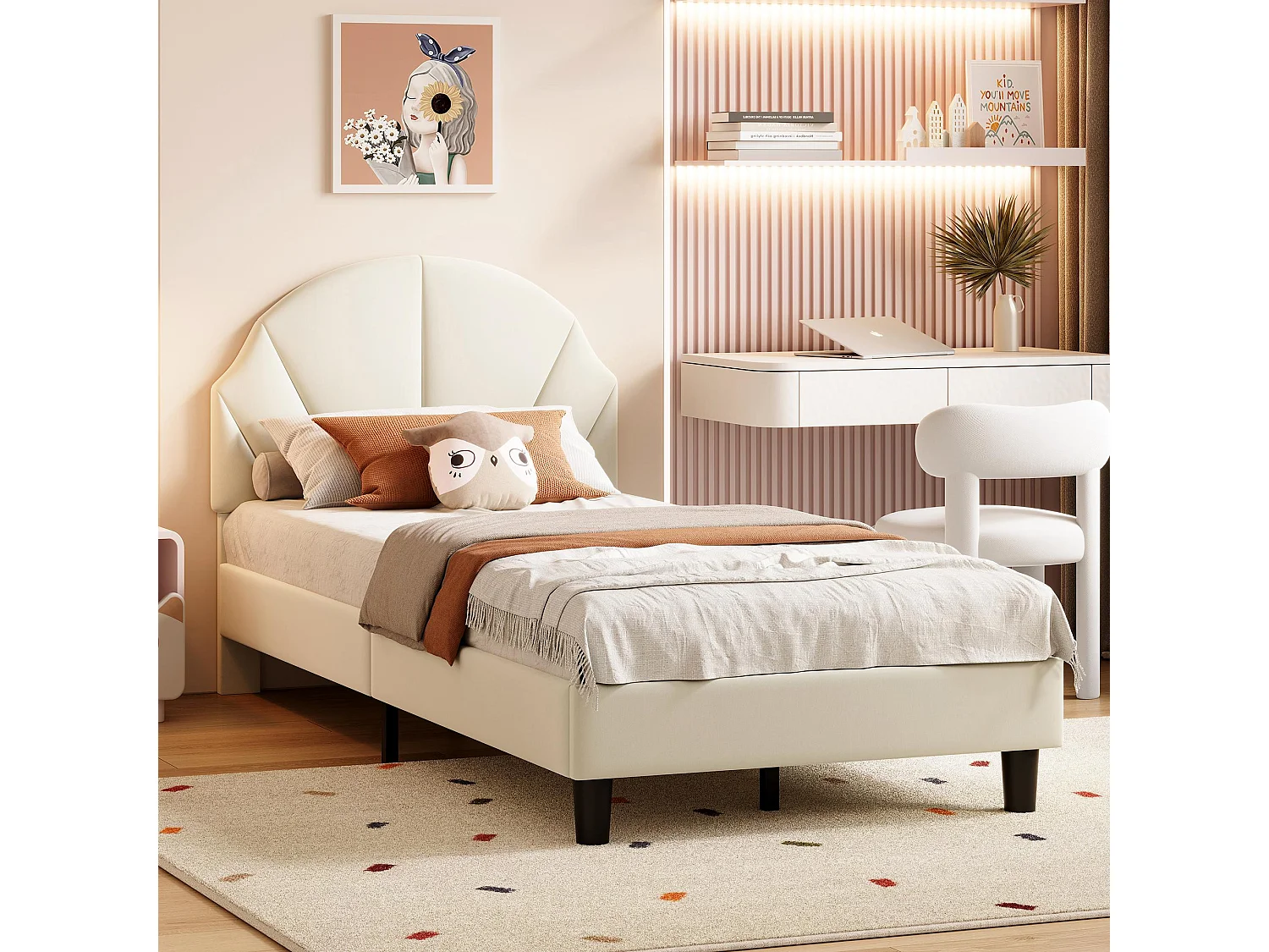 Lit enfant rembourré 90 x 200 cm, lit enfant en flanelle avec tête de lit réglable, sommier à lattes, lit plateforme, beige, sans matelas