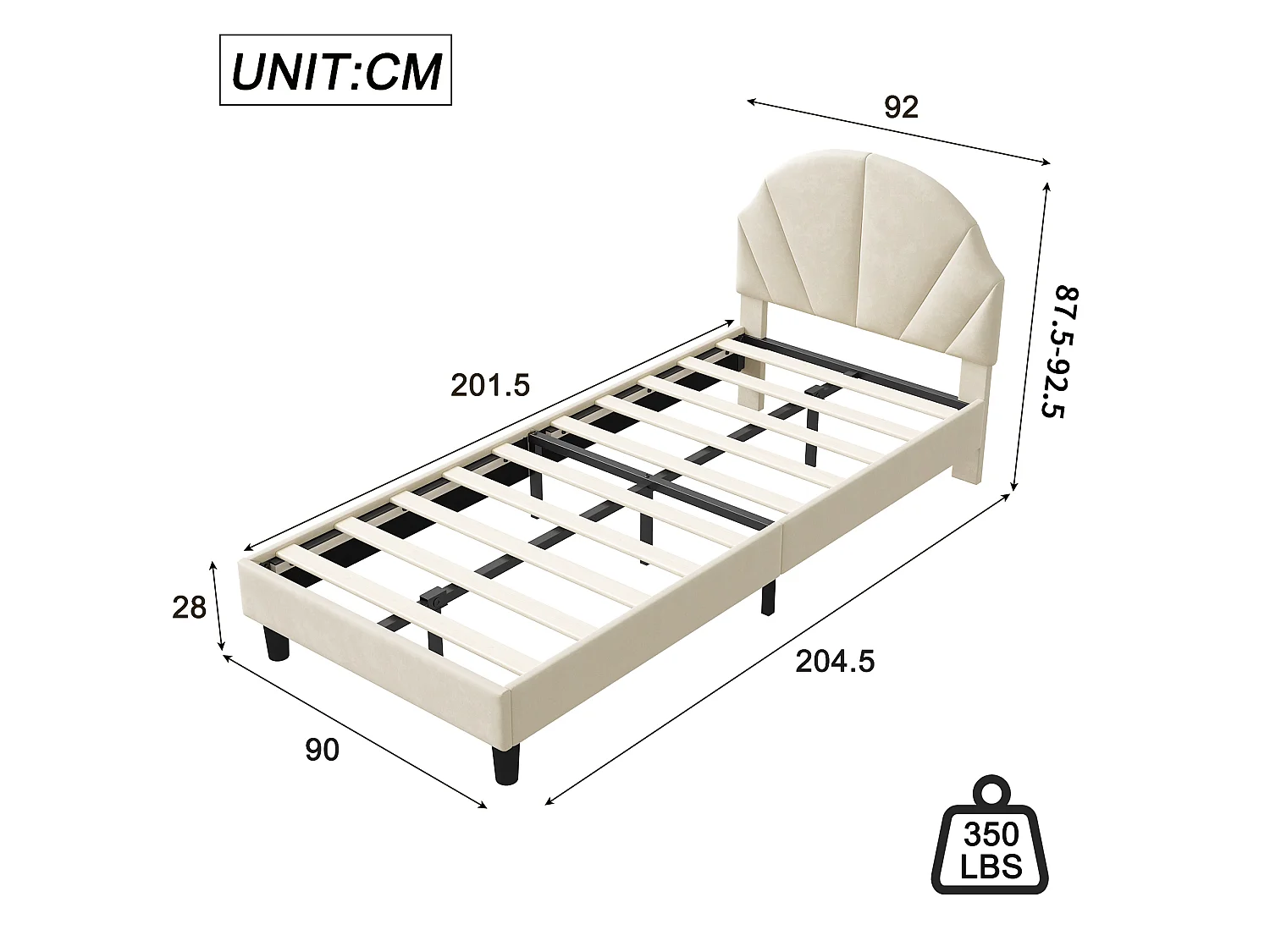 Lit enfant rembourré 90 x 200 cm, lit enfant en flanelle avec tête de lit réglable, sommier à lattes, lit plateforme, beige, sans matelas