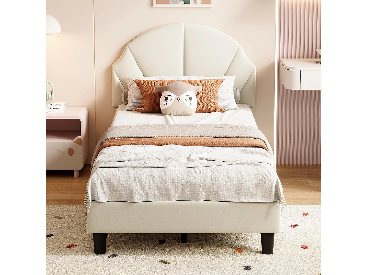 Lit enfant rembourré 90 x 200 cm, lit enfant en flanelle avec tête de lit réglable, sommier à lattes, lit plateforme, beige, sans matelas