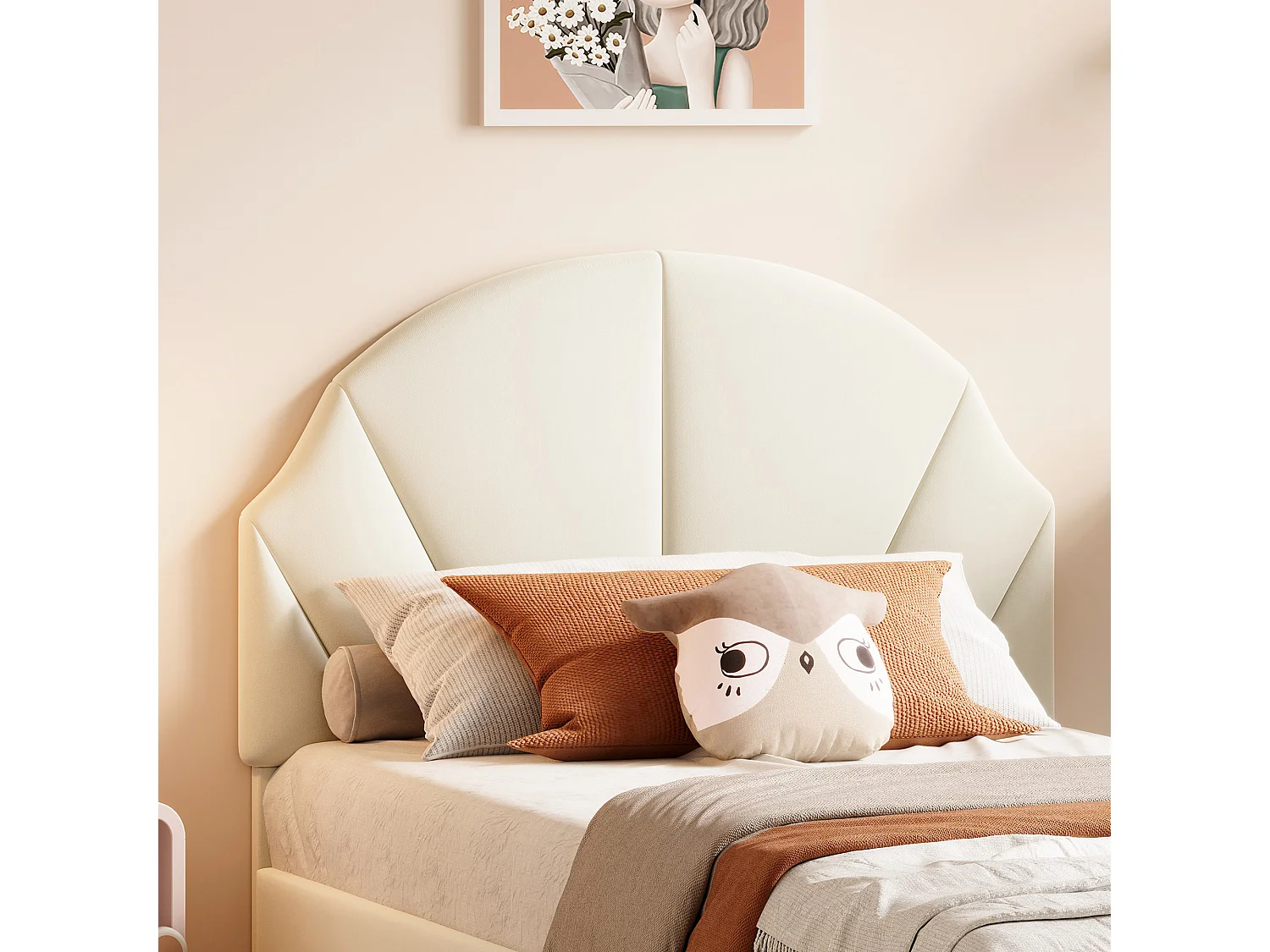 Lit enfant rembourré 90 x 200 cm, lit enfant en flanelle avec tête de lit réglable, sommier à lattes, lit plateforme, beige, sans matelas