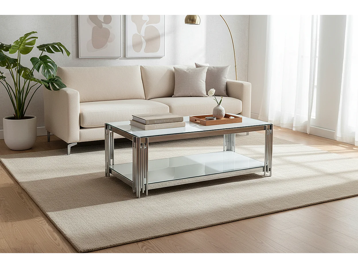 Table Basse FLUTE Rectangle Double Plateau Verre Trempé Blanc Structure Chrome 120x60x45cm