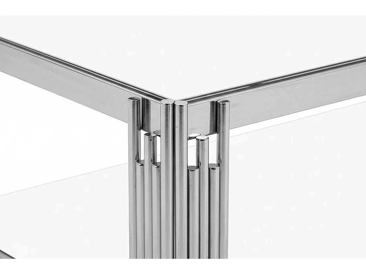 Table Basse FLUTE Rectangle Double Plateau Verre Trempé Blanc Structure Chrome 120x60x45cm