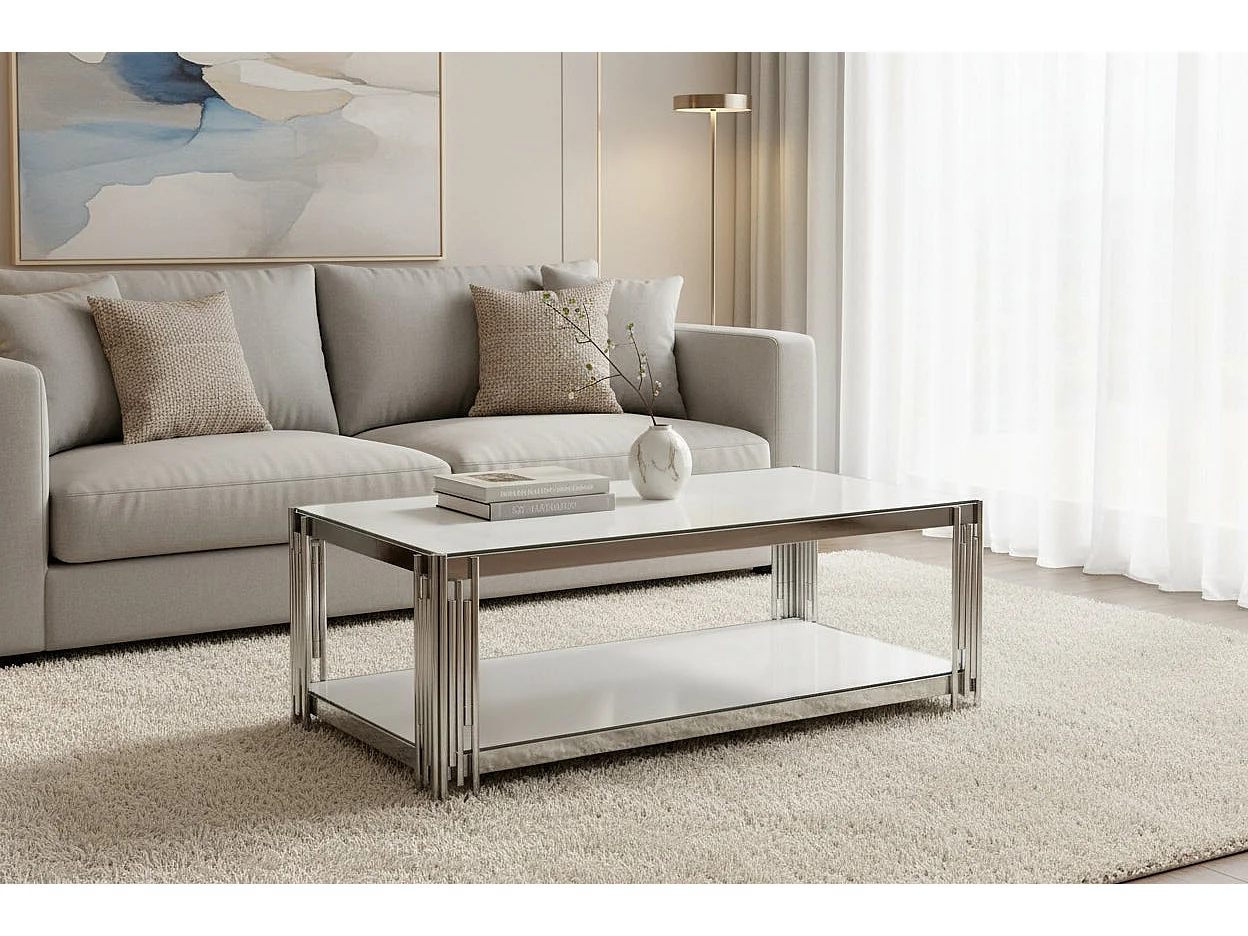 Table Basse FLUTE Rectangle Double Plateau Verre Trempé Blanc Structure Chrome 120x60x45cm