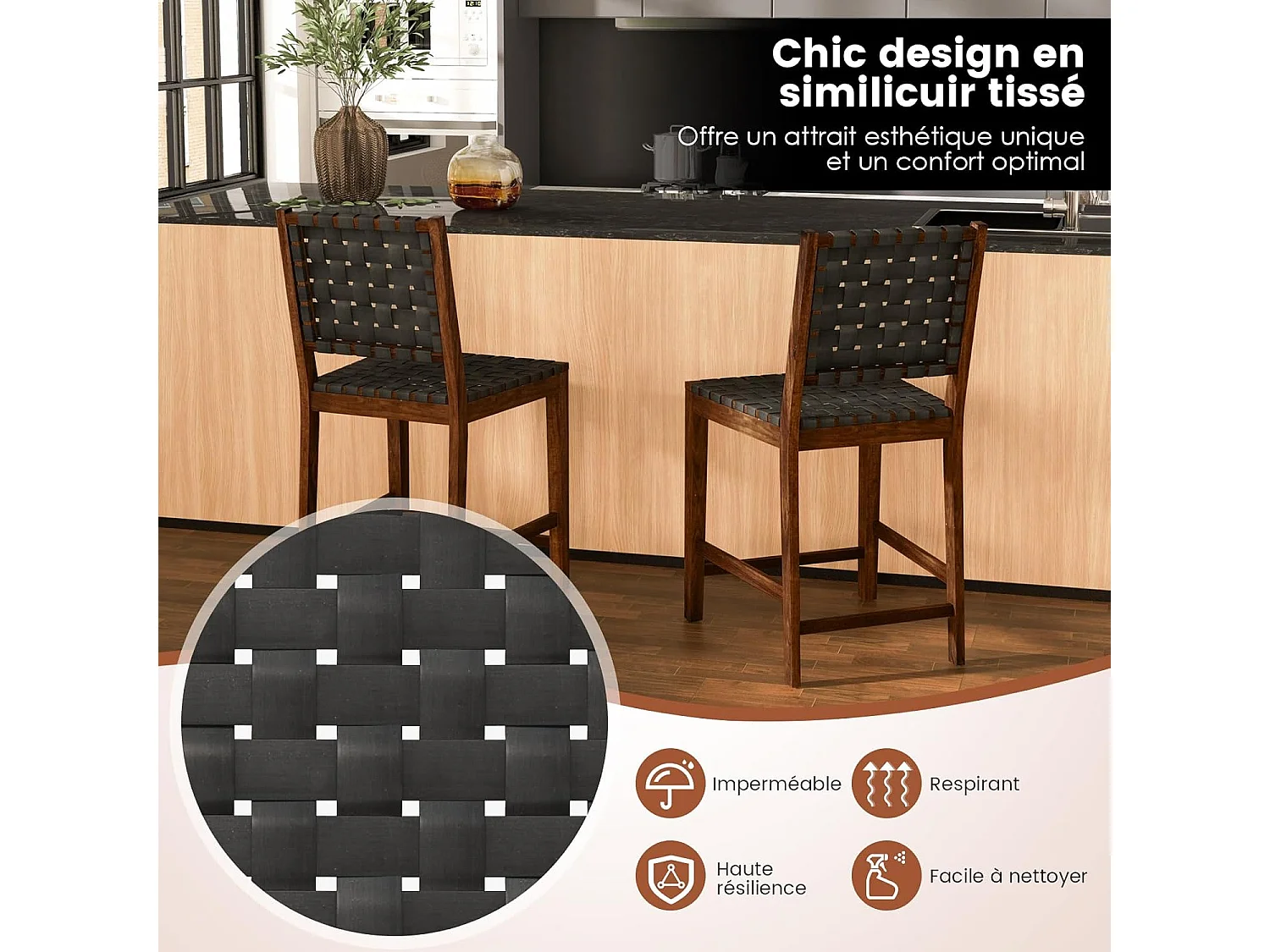 Lot de 2 Tabourets de Bar en Bois Massif, Dossier en Sangles Simili Cuir