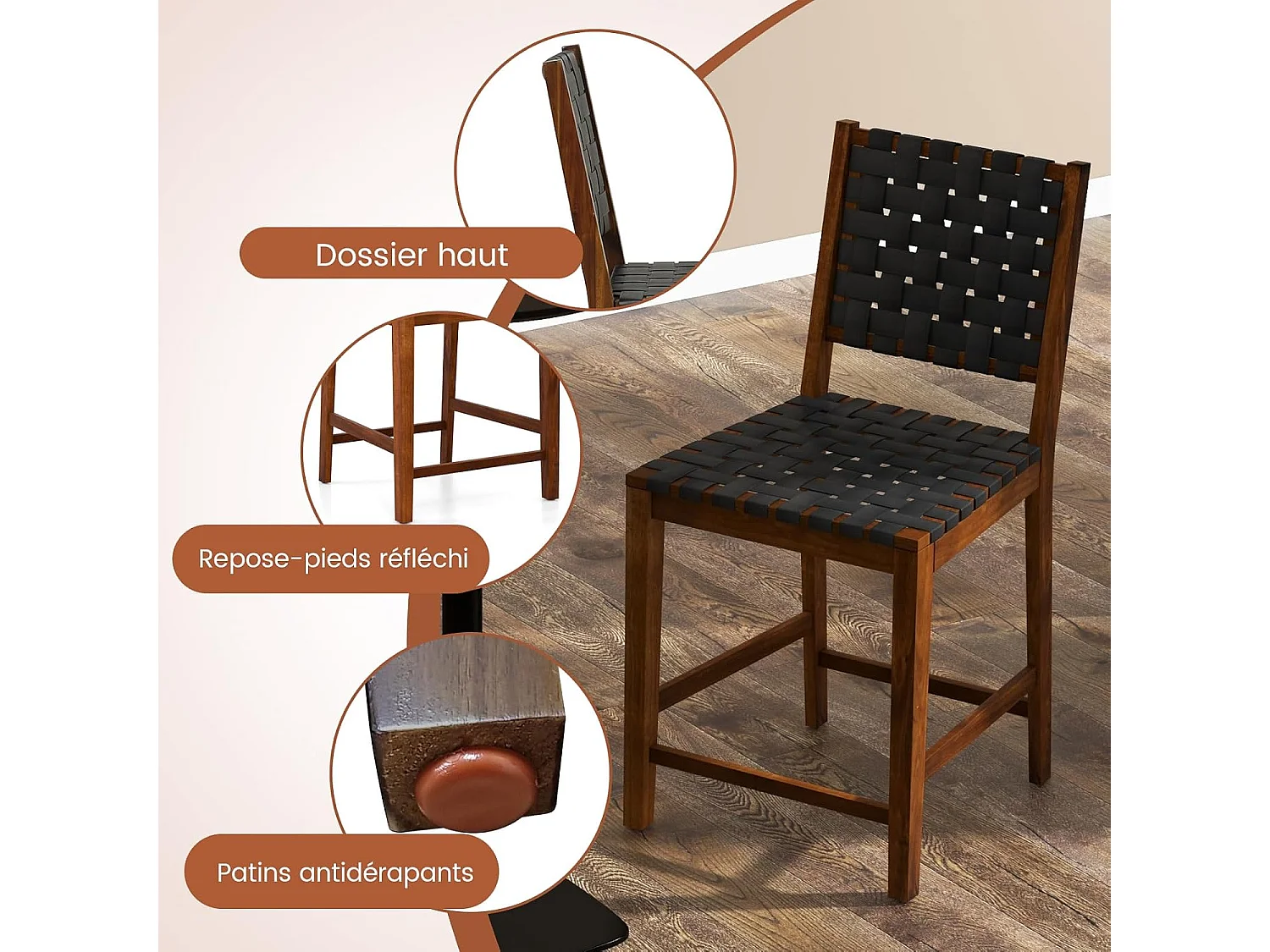 Lot de 2 Tabourets de Bar en Bois Massif, Dossier en Sangles Simili Cuir