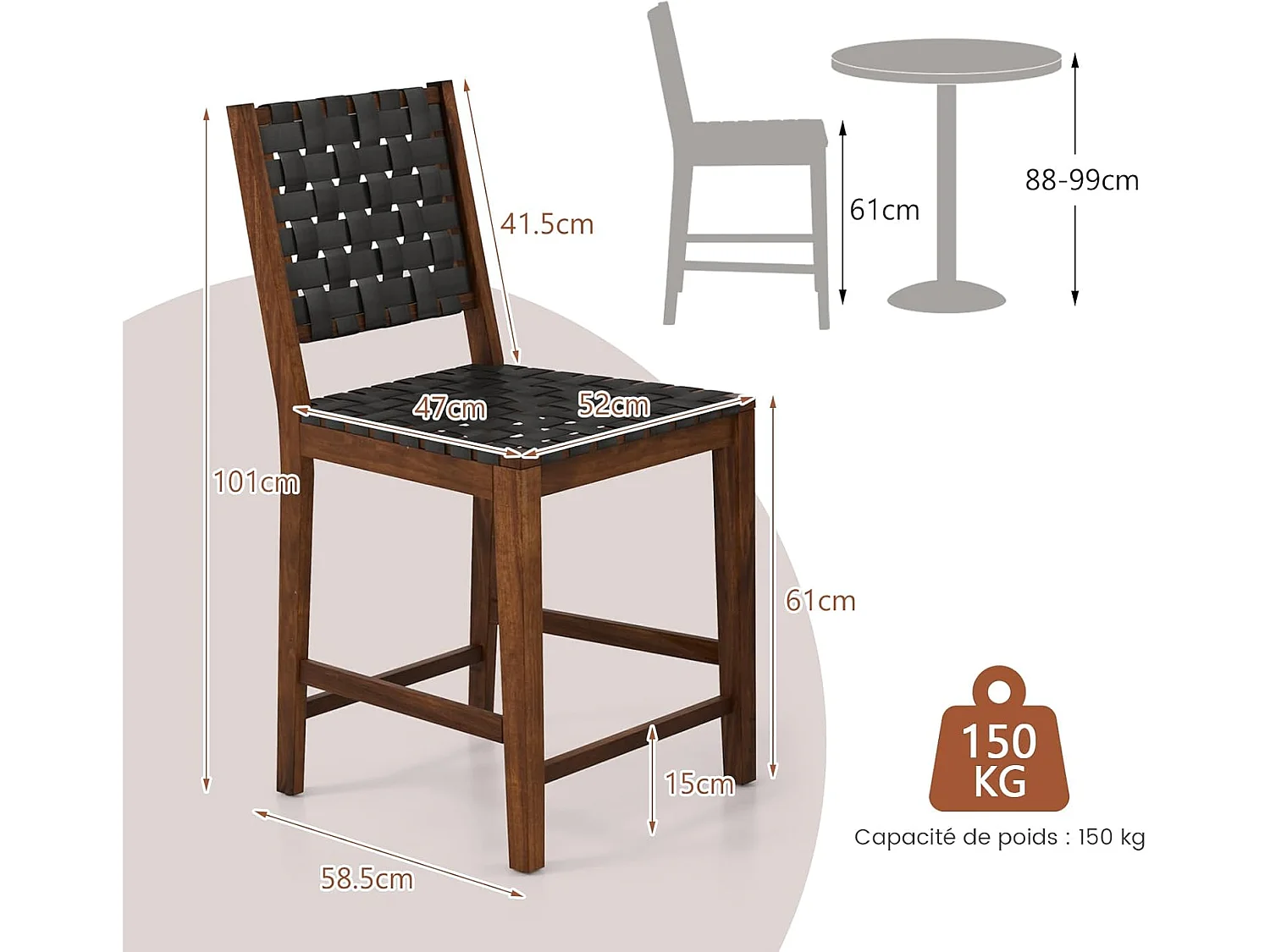 Lot de 2 Tabourets de Bar en Bois Massif, Dossier en Sangles Simili Cuir