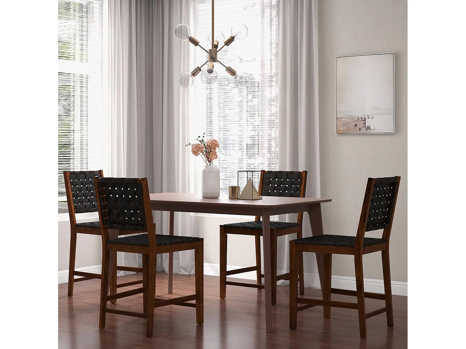 Lot de 2 Tabourets de Bar en Bois Massif, Dossier en Sangles Simili Cuir