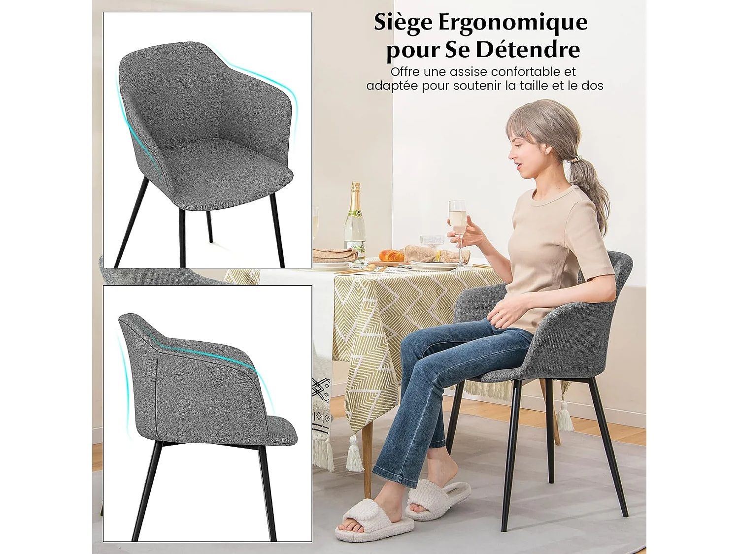 Lot de 2 Fauteuils Scandinaves, Rembourrés avec Accoudoirs, 150kg (Gris foncé)