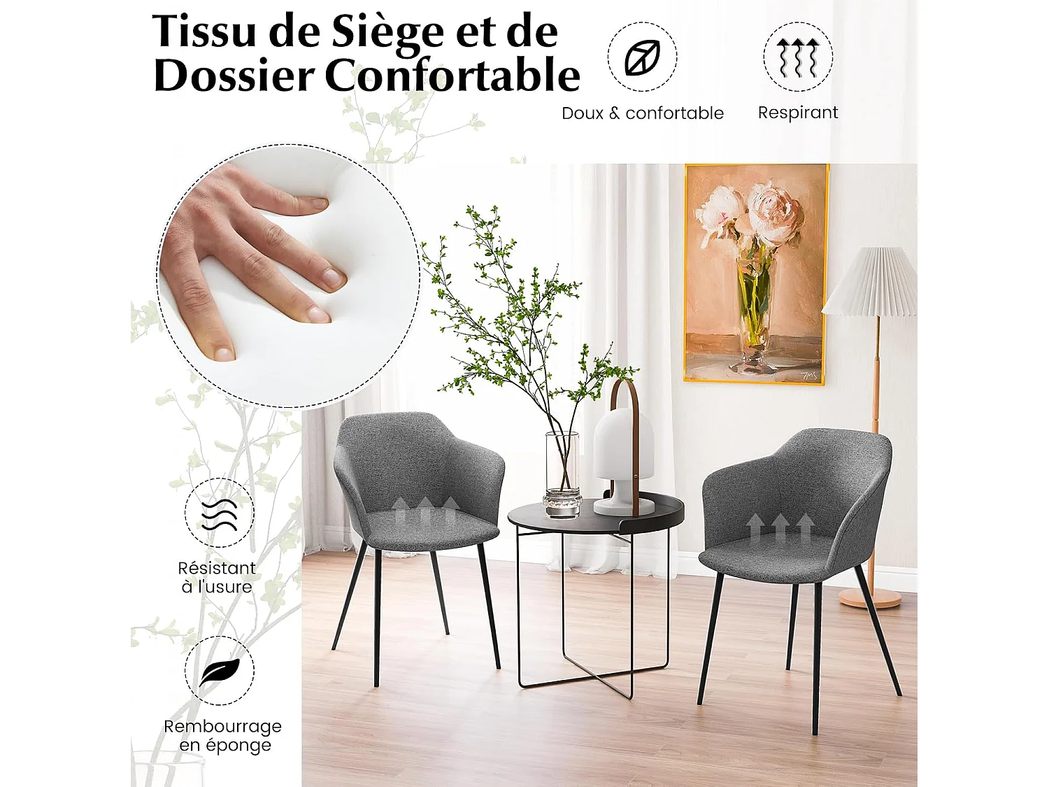 Lot de 2 Fauteuils Scandinaves, Rembourrés avec Accoudoirs, 150kg (Gris foncé)