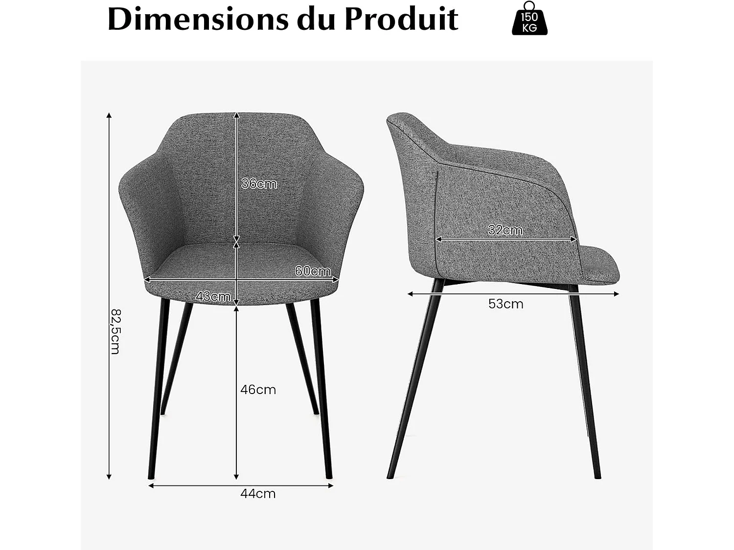 Lot de 2 Fauteuils Scandinaves, Rembourrés avec Accoudoirs, 150kg (Gris foncé)