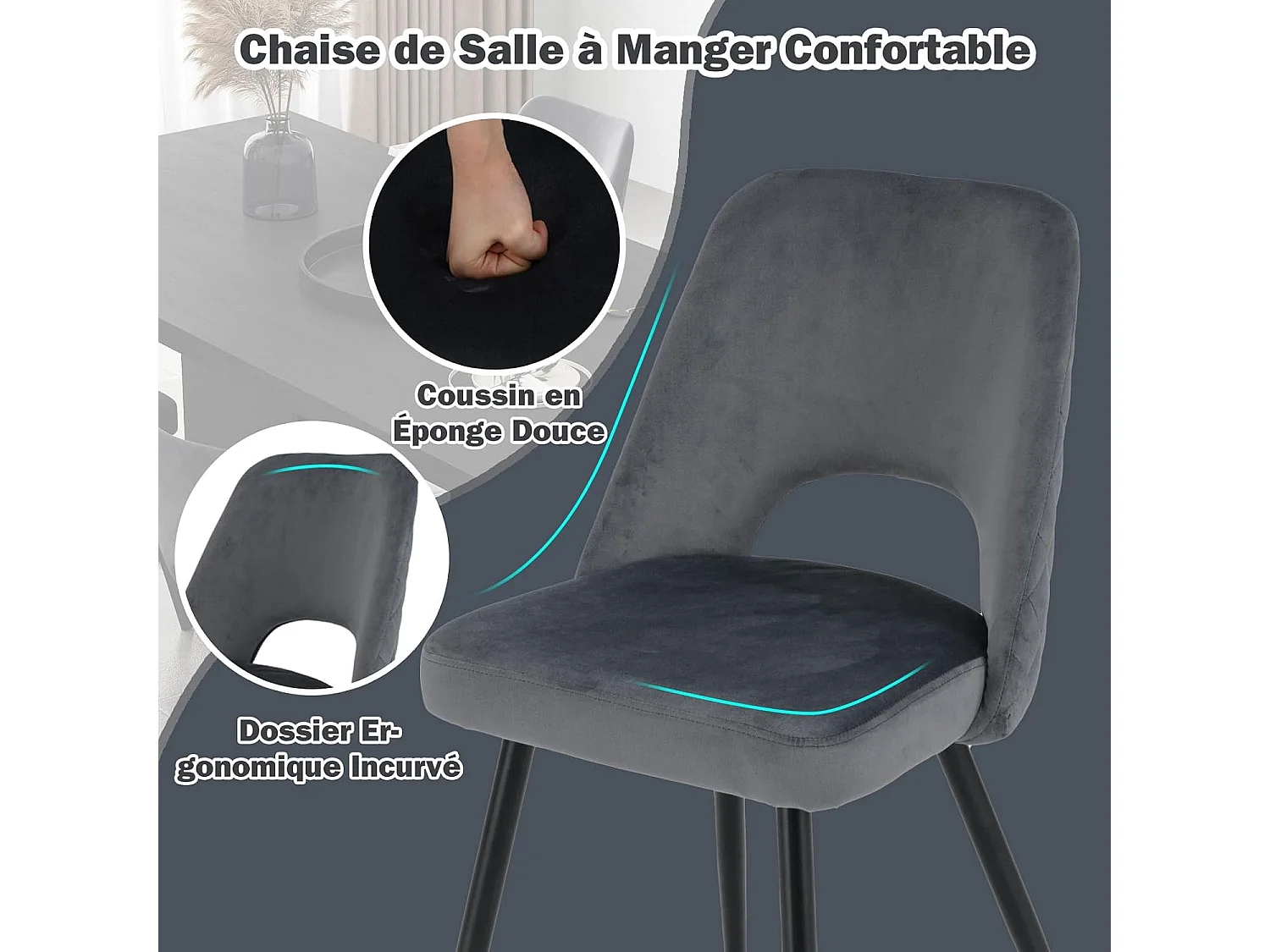 Set van 2 eetkamerstoelen, fluweel, holle rugleuning, metalen poten, salonstoel (grijs)