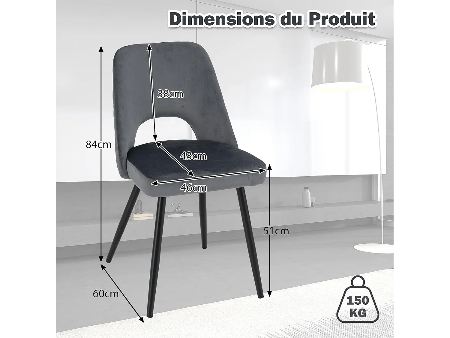 Set van 2 eetkamerstoelen, fluweel, holle rugleuning, metalen poten, salonstoel (grijs)