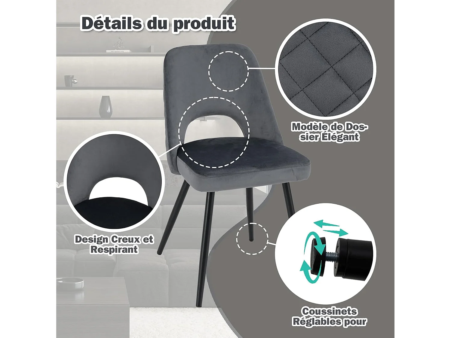 Set van 2 eetkamerstoelen, fluweel, holle rugleuning, metalen poten, salonstoel (grijs)