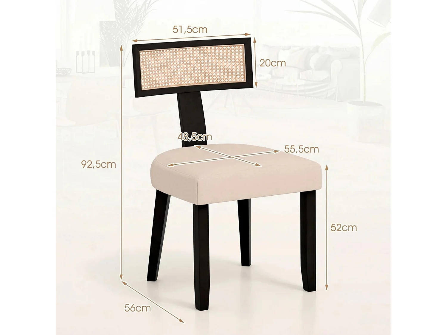 Sedia da pranzo imbottita con schienale in rattan