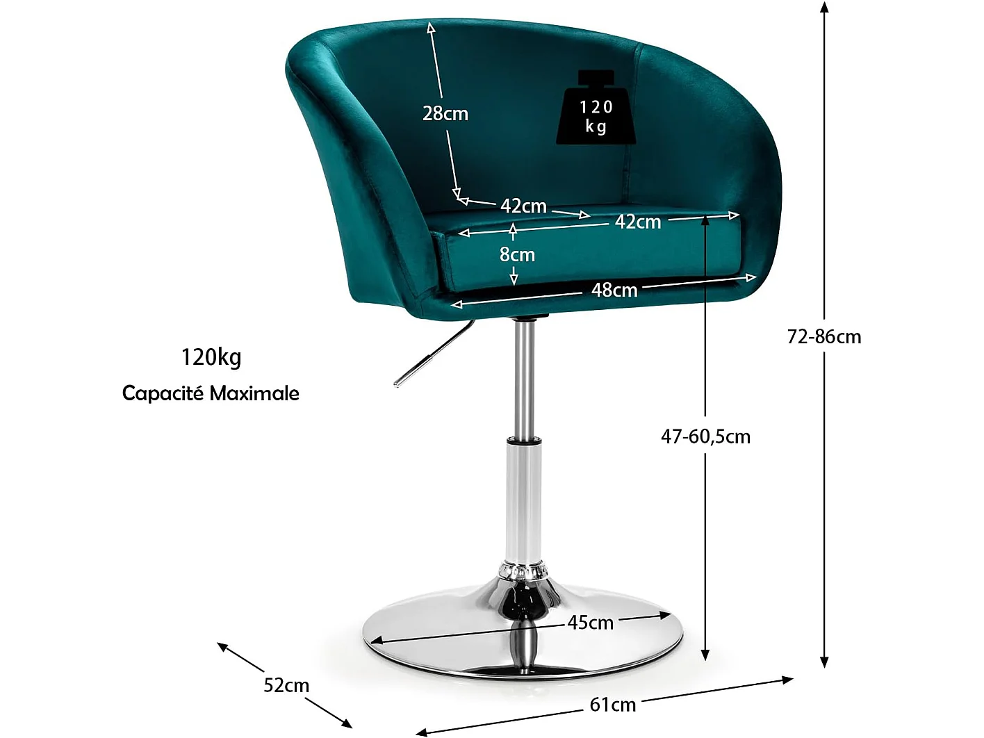 Chaise d'appoint Pivotante en Velours Moderne,Base Galvanisée Charge 125kg (Vert)