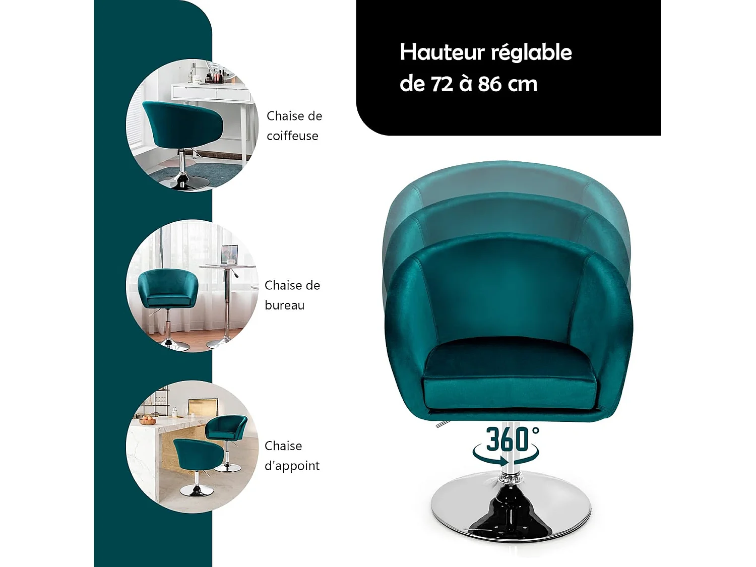 Chaise d'appoint Pivotante en Velours Moderne,Base Galvanisée Charge 125kg (Vert)
