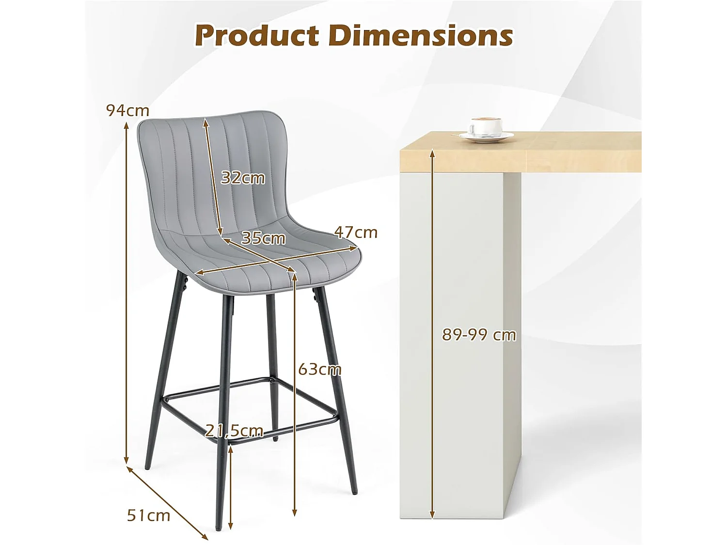 Lot de 2 Tabourets de Bar 63cm, Simili Cuir, Cadre Métal, Rembourrés avec Repose-Pieds