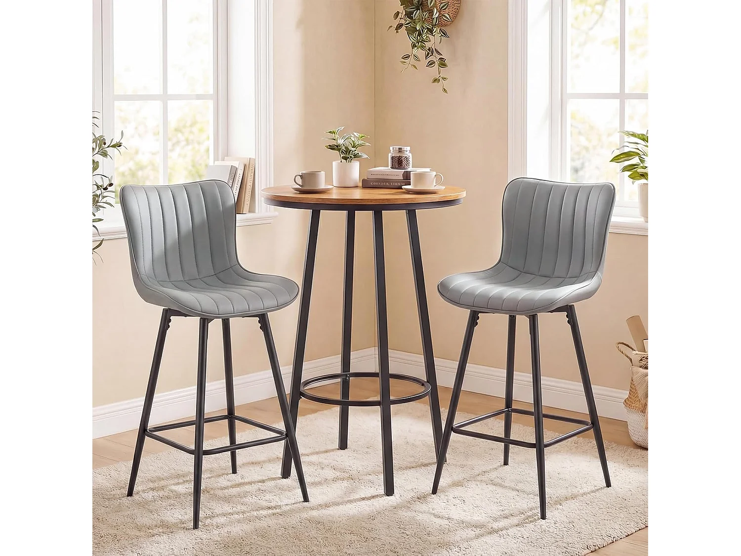 Lot de 2 Tabourets de Bar 63cm, Simili Cuir, Cadre Métal, Rembourrés avec Repose-Pieds