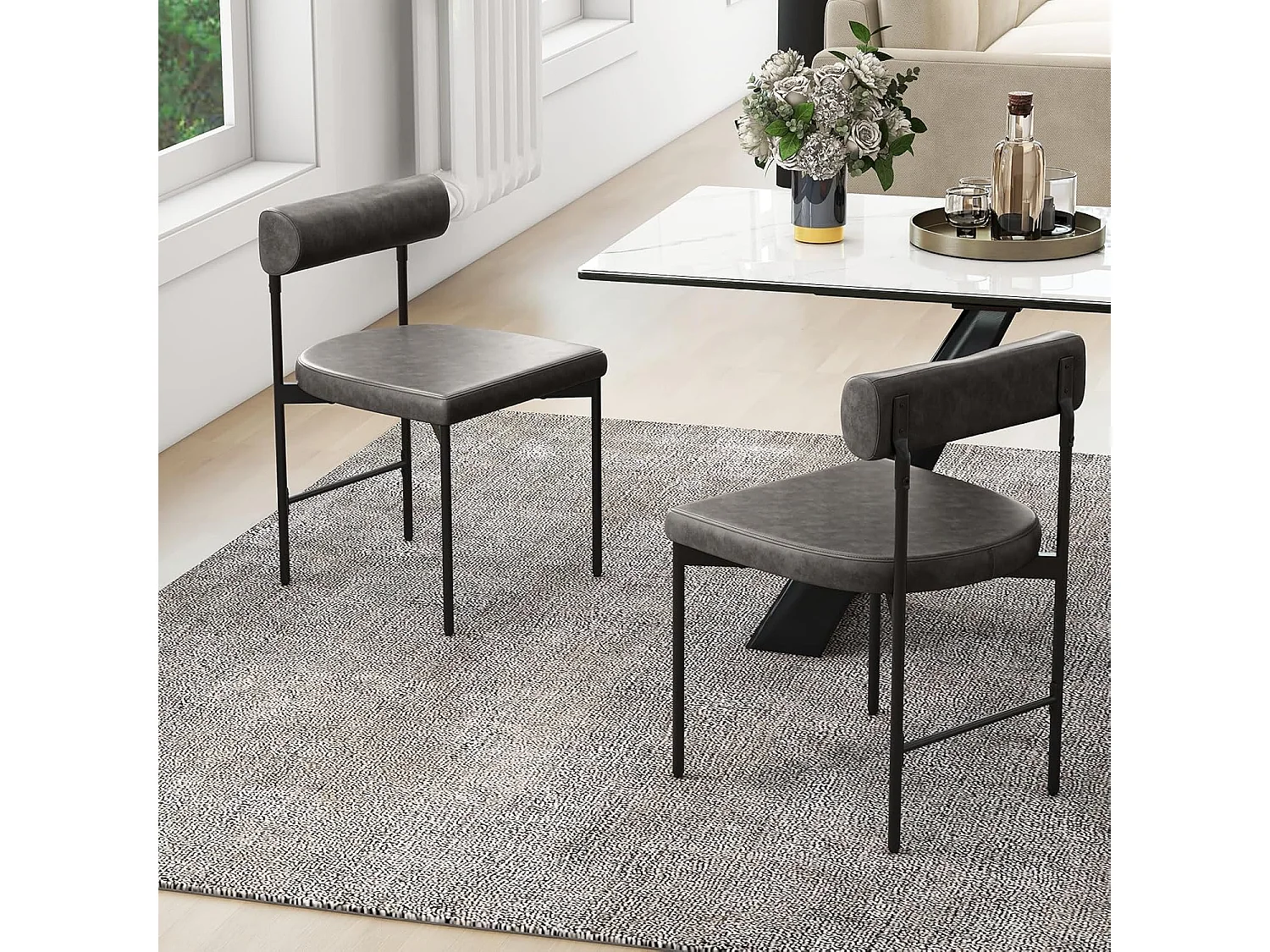 Eetkamerstoelen set van 2, leer, gebogen rugleuning, U-zitting, metalen poten