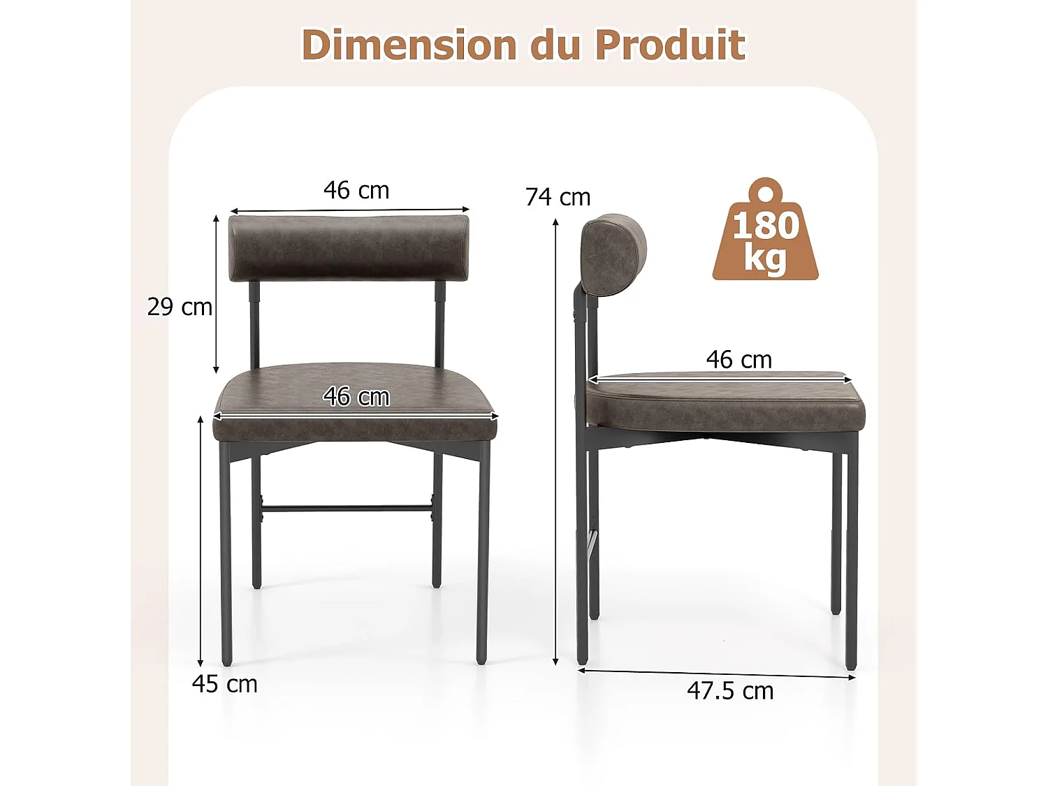 Eetkamerstoelen set van 2, leer, gebogen rugleuning, U-zitting, metalen poten