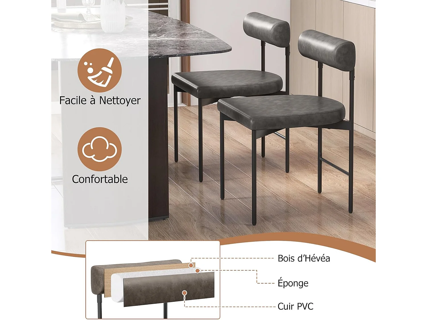Eetkamerstoelen set van 2, leer, gebogen rugleuning, U-zitting, metalen poten