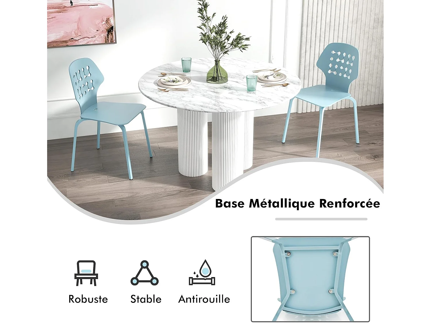 Set van 4 Scandinavische Eetkamerstoelen, PP keukenstoel met designrugleuning (blauw)