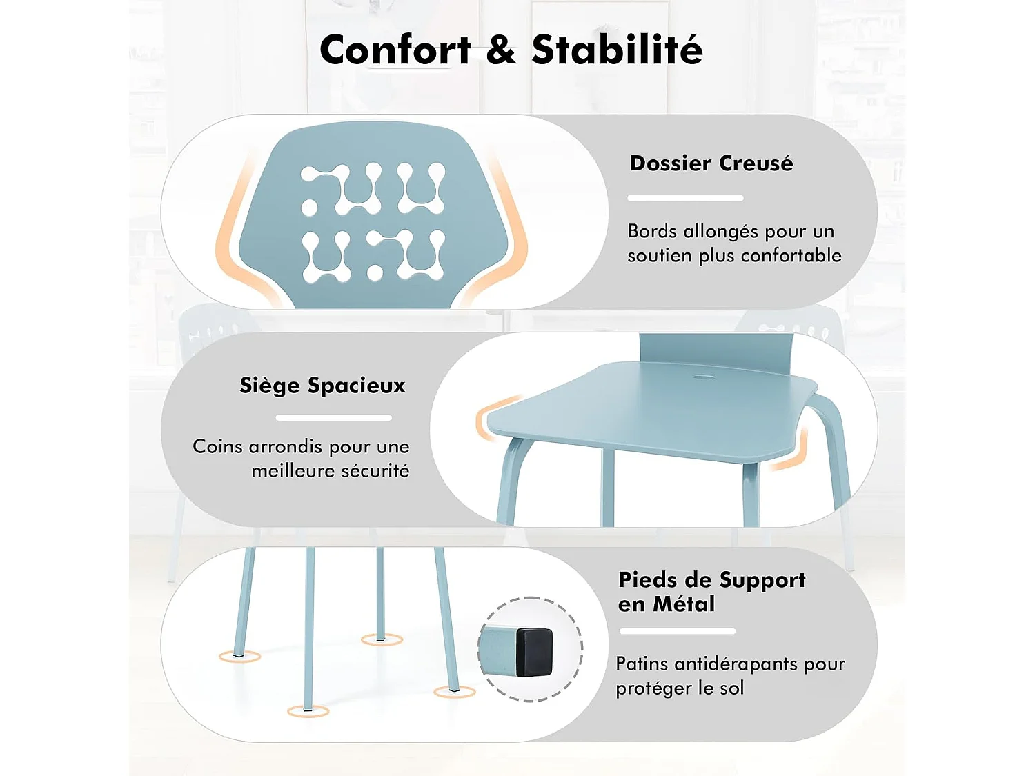 Set van 4 Scandinavische Eetkamerstoelen, PP keukenstoel met designrugleuning (blauw)