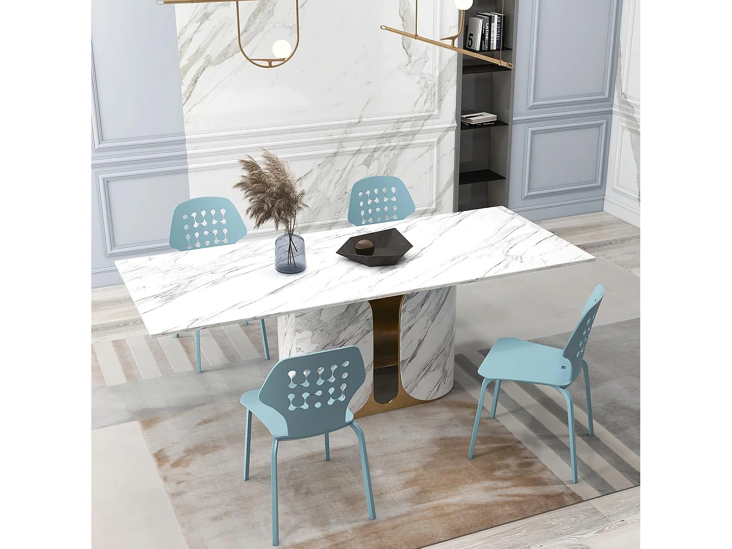 Set van 4 Scandinavische Eetkamerstoelen, PP keukenstoel met designrugleuning (blauw)