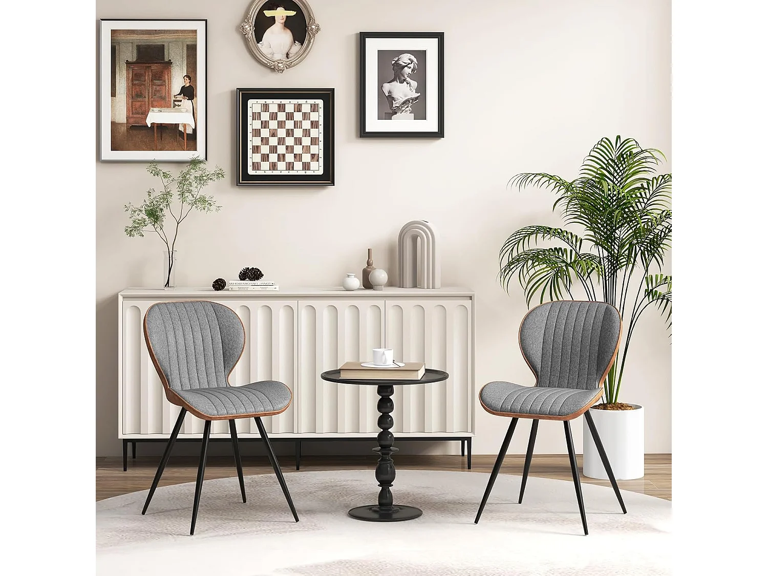 Lot de 2 Chaises Tissu Rembourrées, Dossier Courbé, Accoudoirs, pour Salle à Manger