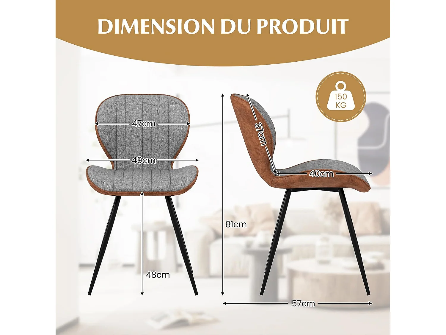 Lot de 2 Chaises Tissu Rembourrées, Dossier Courbé, Accoudoirs, pour Salle à Manger