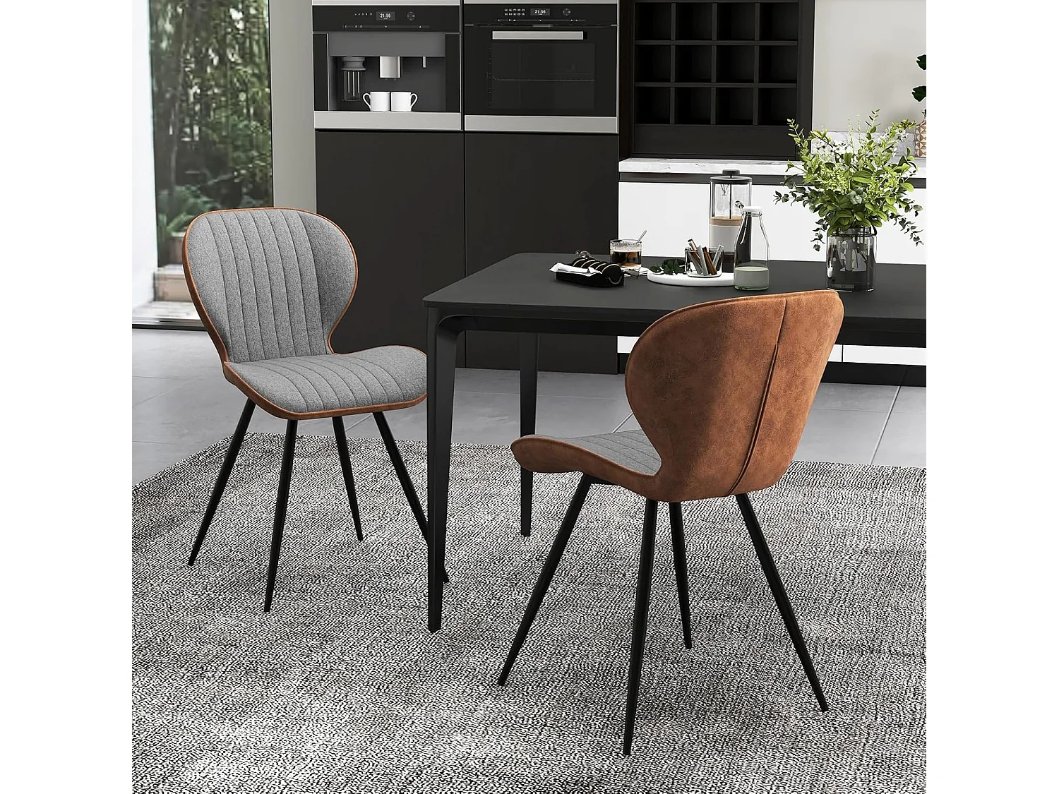 Lot de 2 Chaises Tissu Rembourrées, Dossier Courbé, Accoudoirs, pour Salle à Manger