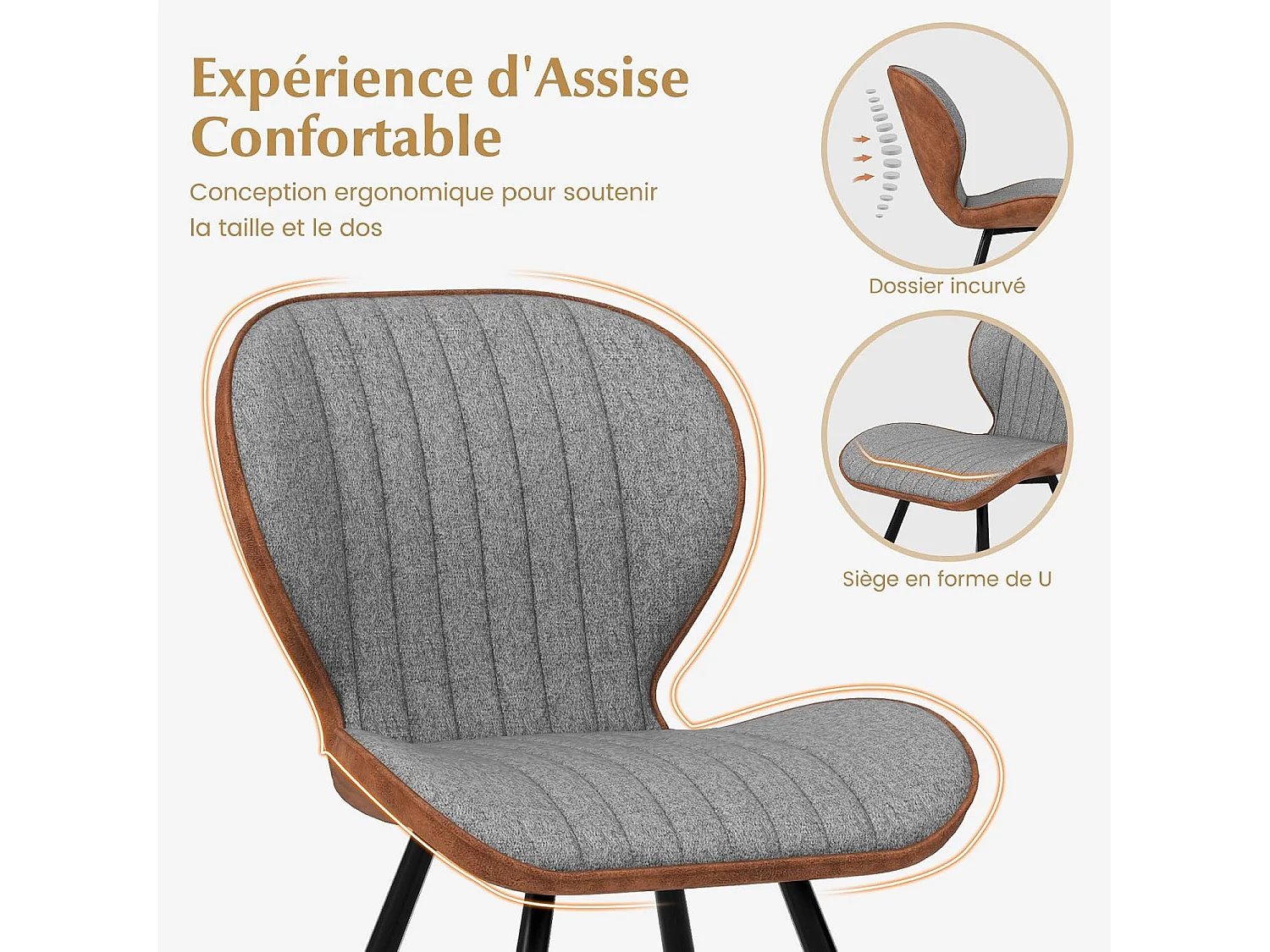 Lot de 2 Chaises Tissu Rembourrées, Dossier Courbé, Accoudoirs, pour Salle à Manger